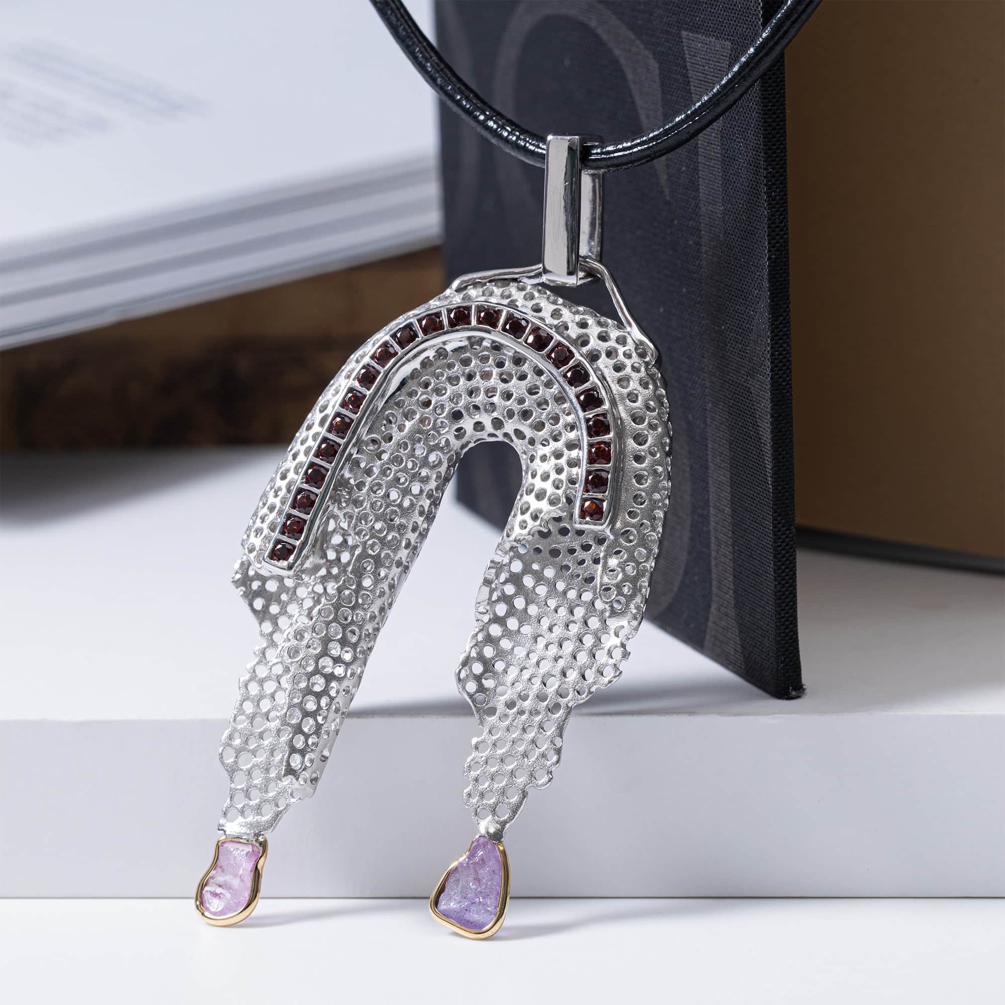 Nuada Singular Edition Pendant in Silver & 9K Gold with Raw Pink Sapphires & Garnet