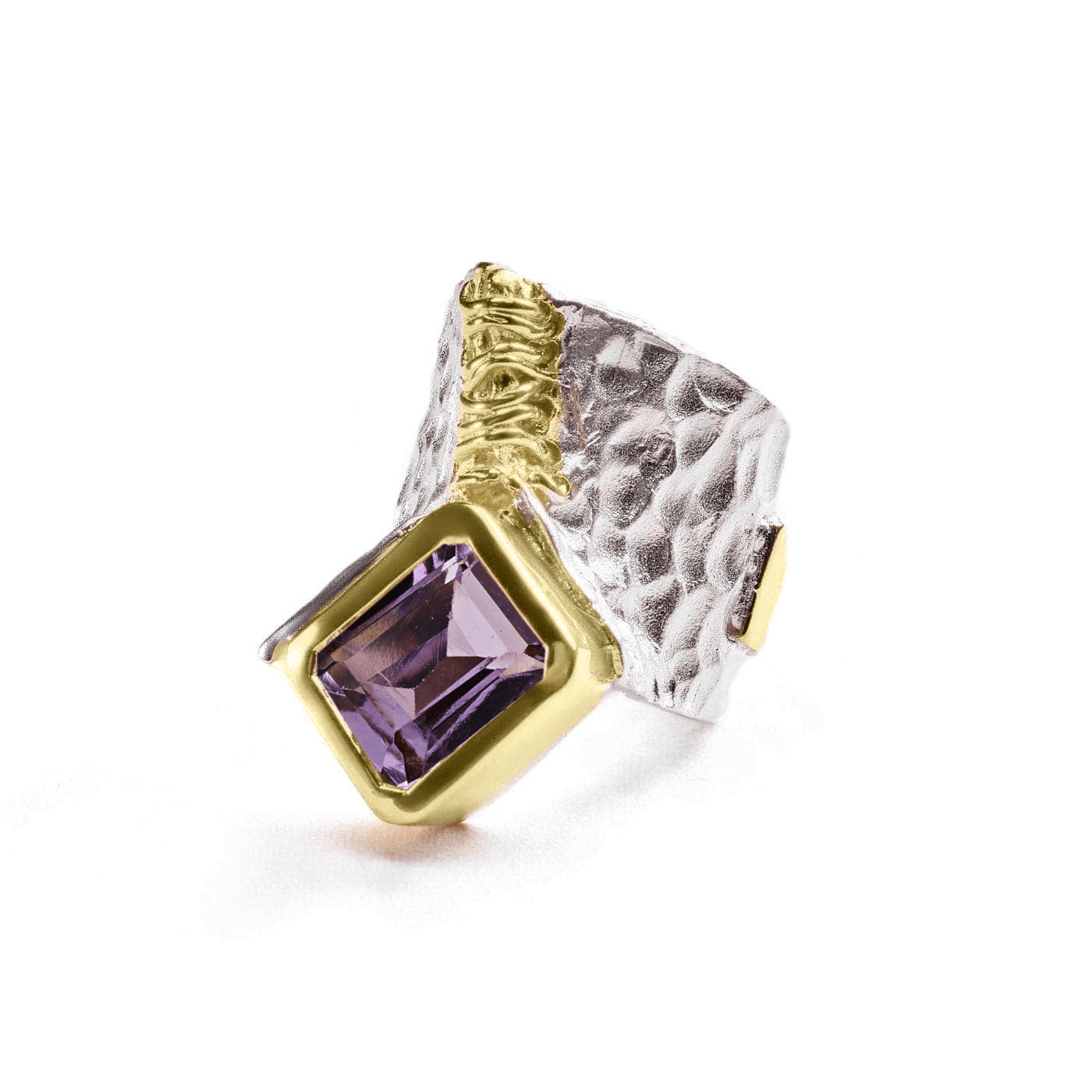 Everna Iconic Natural Amethyst 925 Silver Ring in White Rhodium & 18K Gold