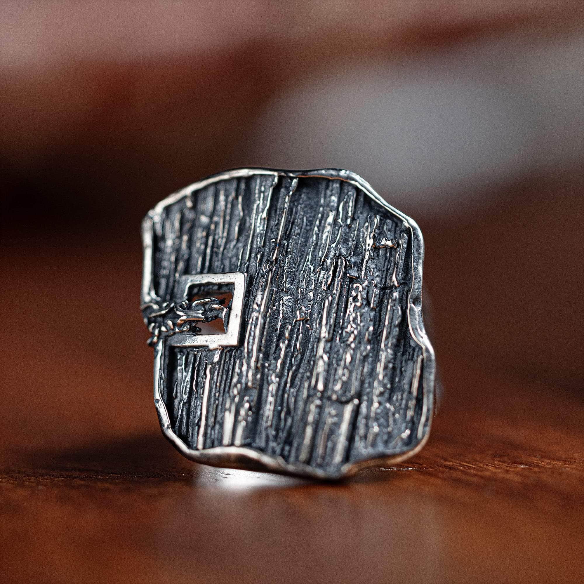 Fracture Oxidized Sterling Silver Ring with Geo Layers