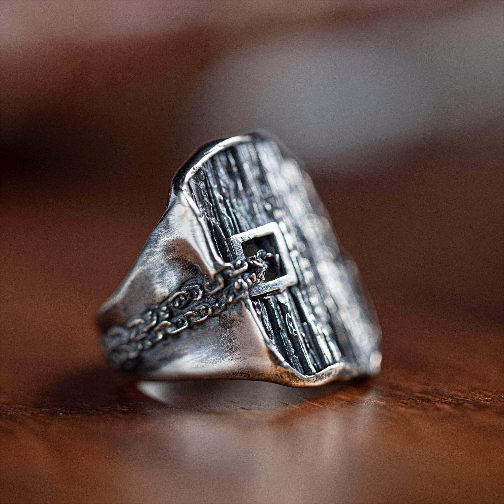 Fracture Oxidized Sterling Silver Ring with Geo Layers