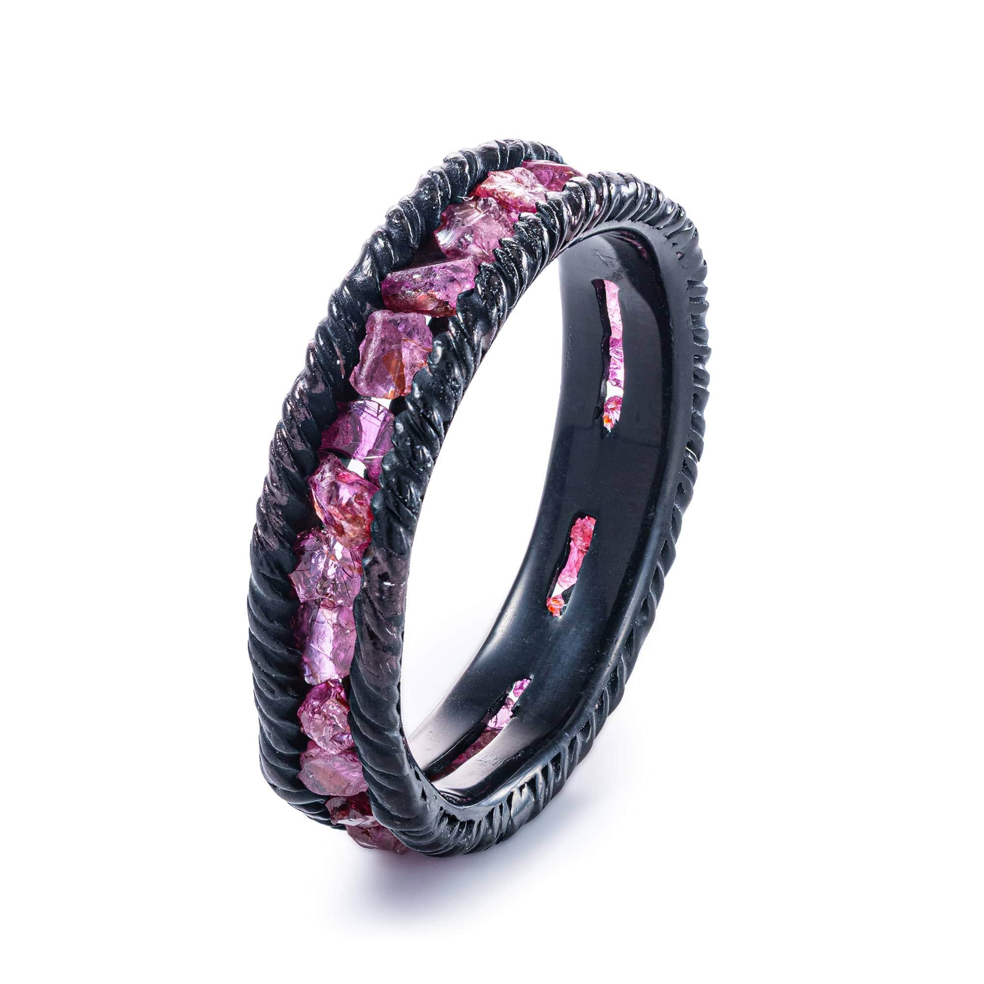 Gaiete 925 Silver Ring Plated with Black Anthracite & Set with Raw Ruby