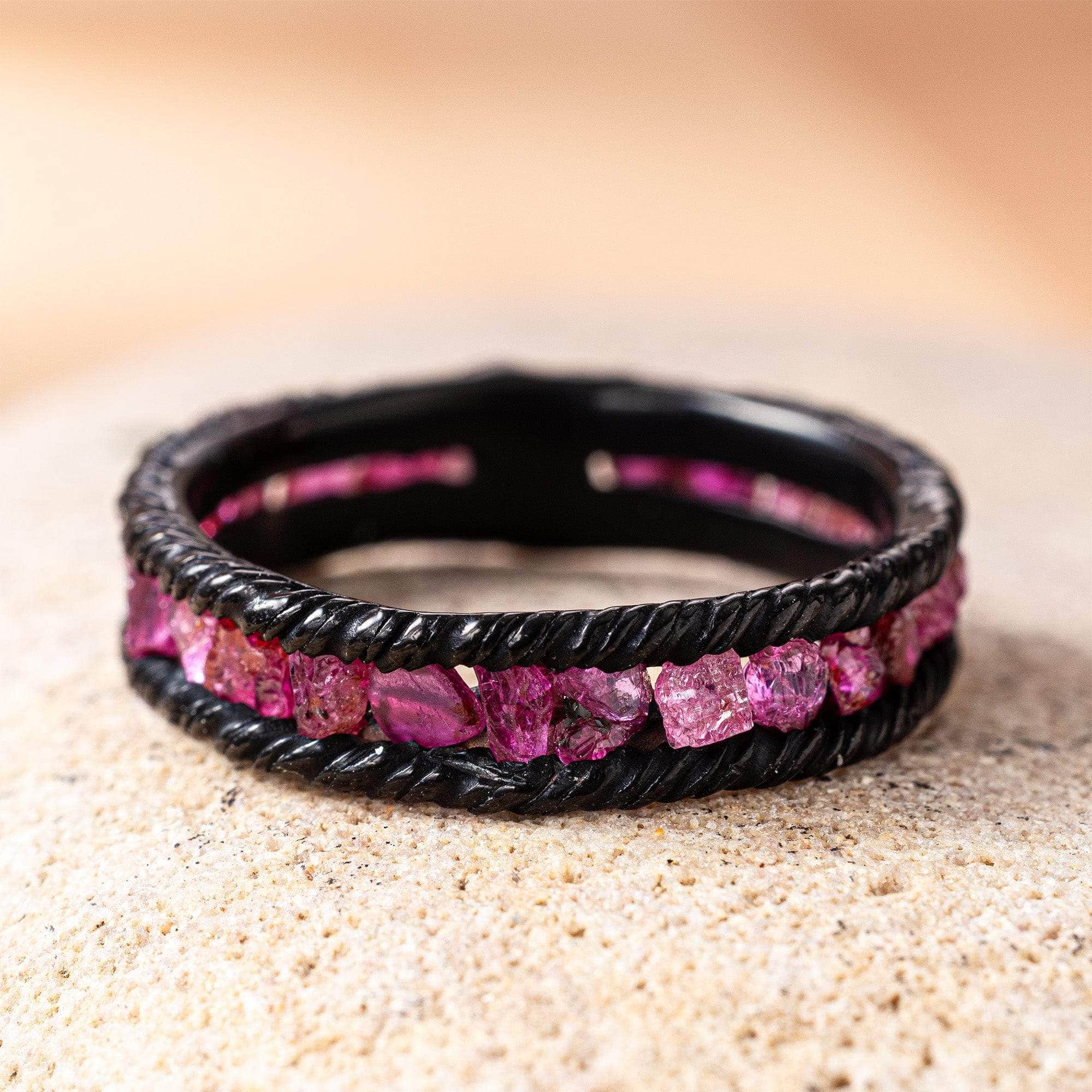 Gaiete 925 Silver Ring Plated with Black Anthracite & Set with Raw Ruby