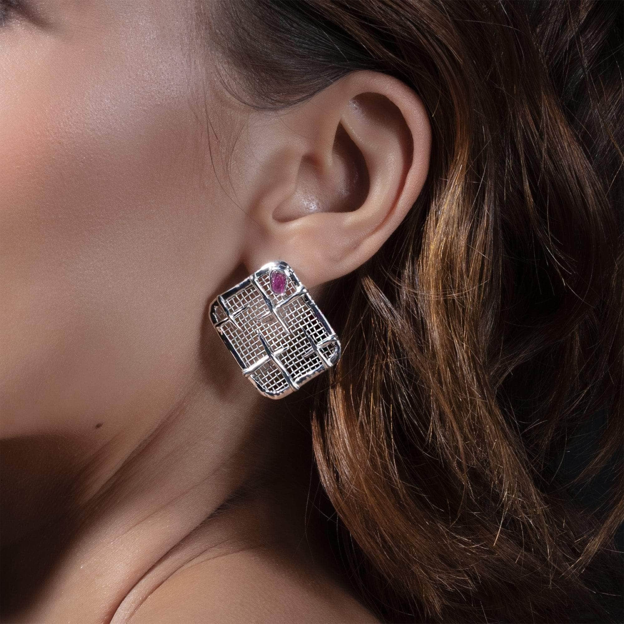 Jaal Lightweight 925 Silver & Titanium Earrings with Natural Raw Ruby