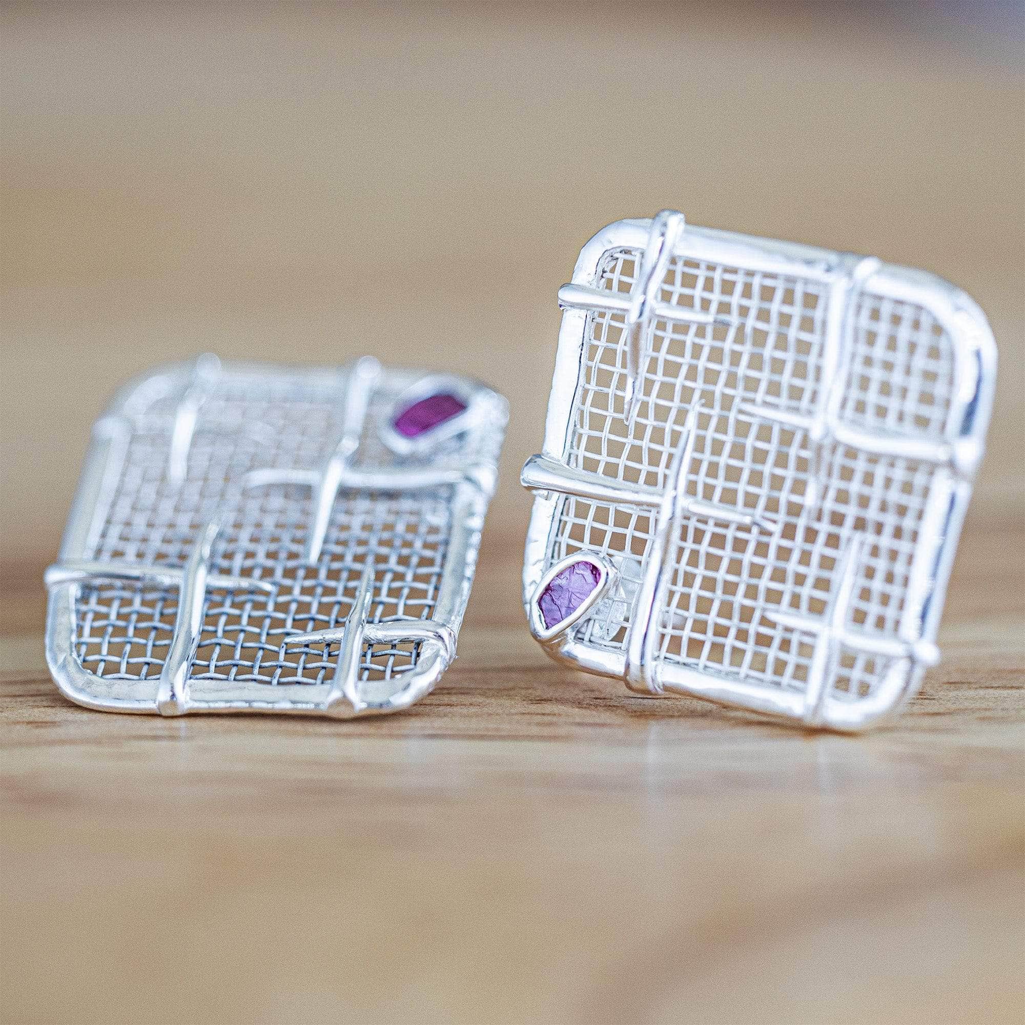 Jaal Lightweight 925 Silver & Titanium Earrings with Natural Raw Ruby