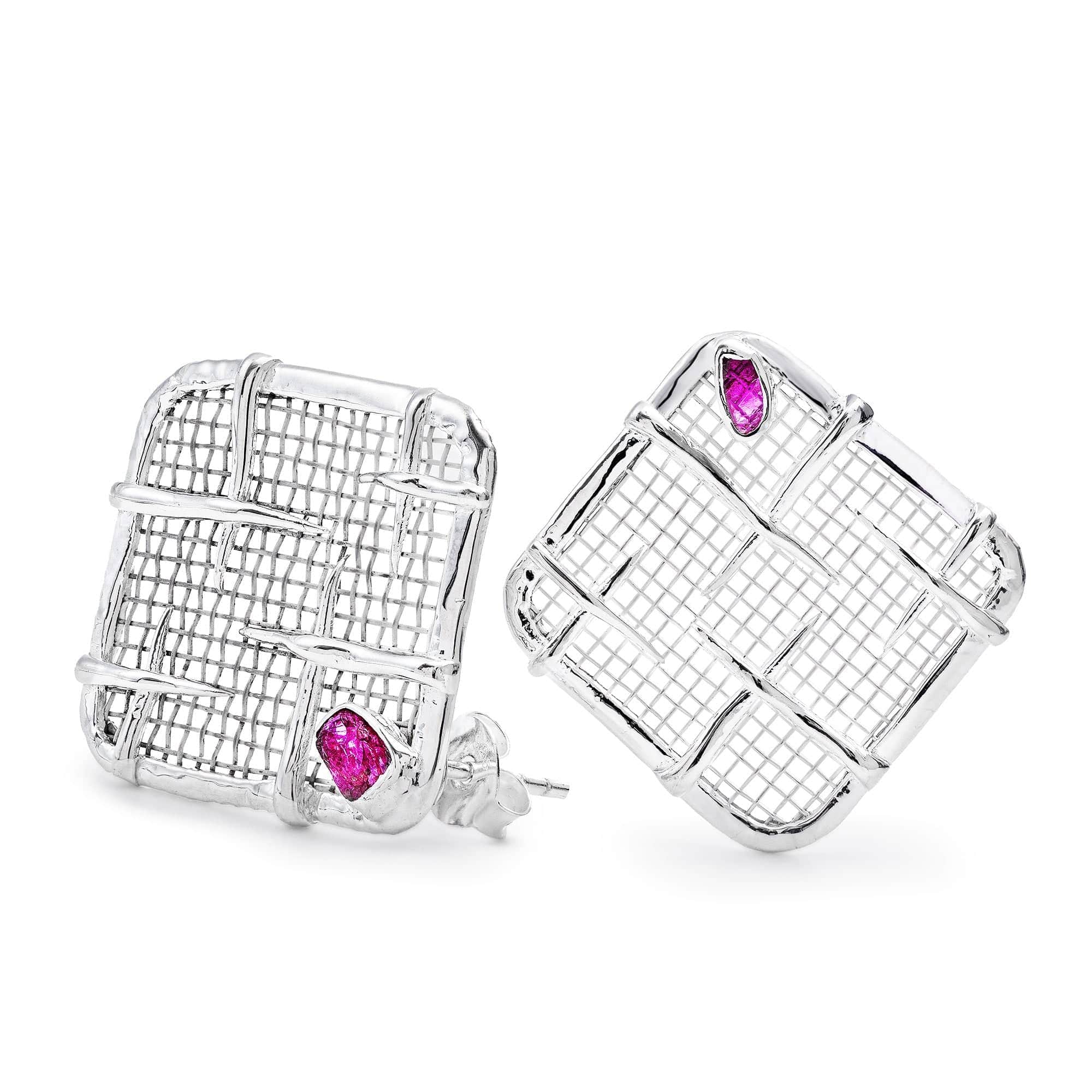 Jaal Lightweight 925 Silver & Titanium Earrings with Natural Raw Ruby