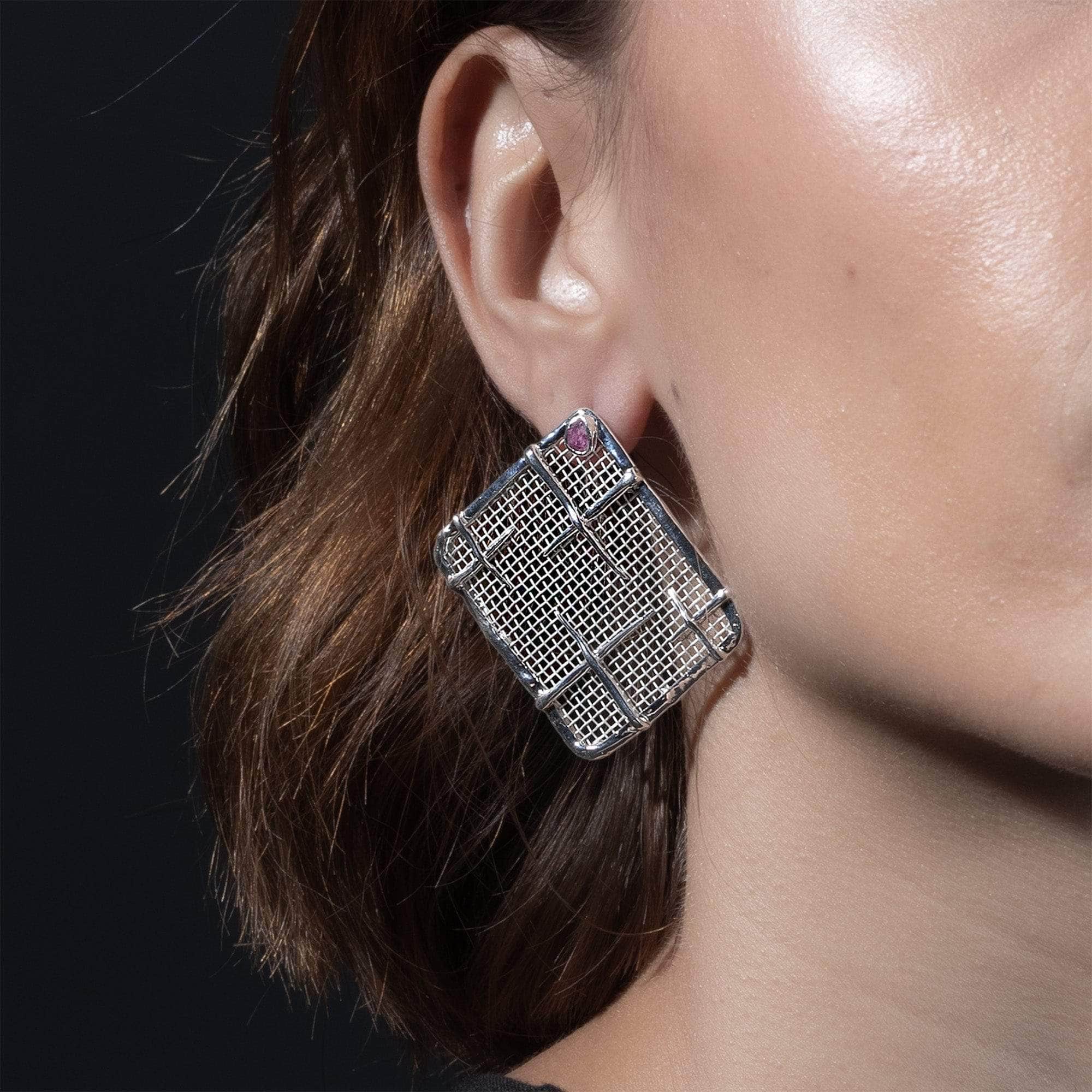 Takhi Lightweight 925 Silver & Titanium Mesh Earrings with Natural Ruby