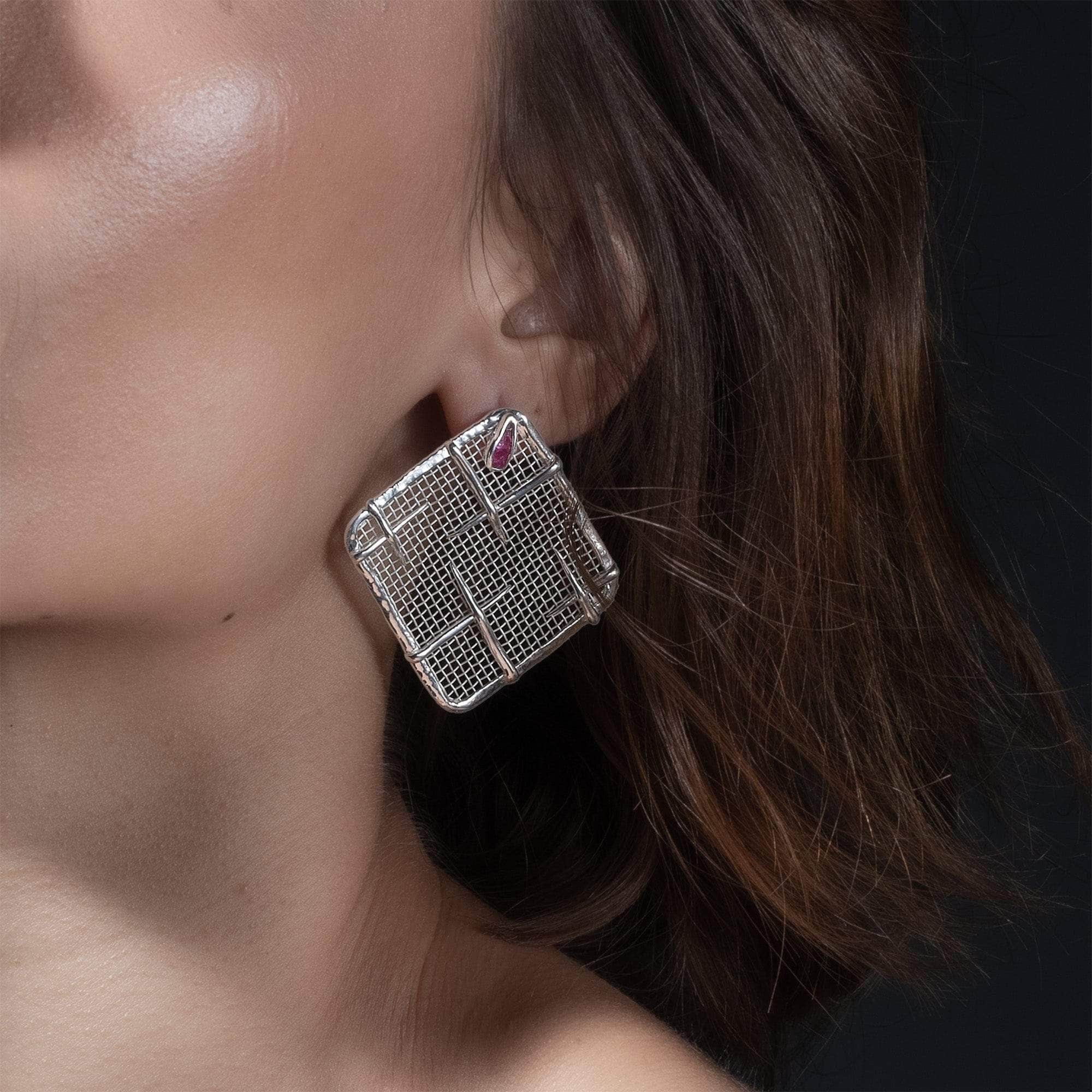 Takhi Lightweight 925 Silver & Titanium Mesh Earrings with Natural Ruby