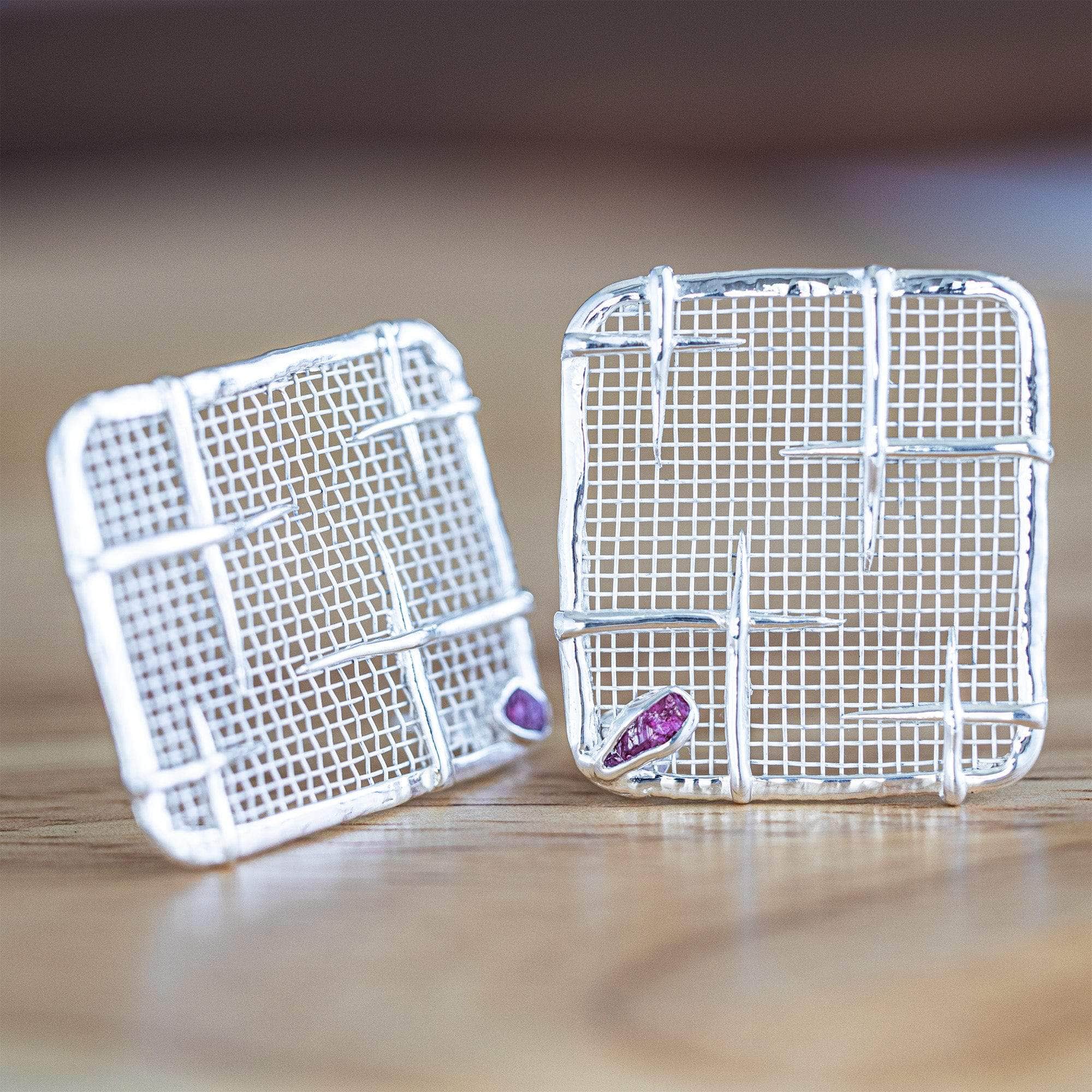 Takhi Lightweight 925 Silver & Titanium Mesh Earrings with Natural Ruby