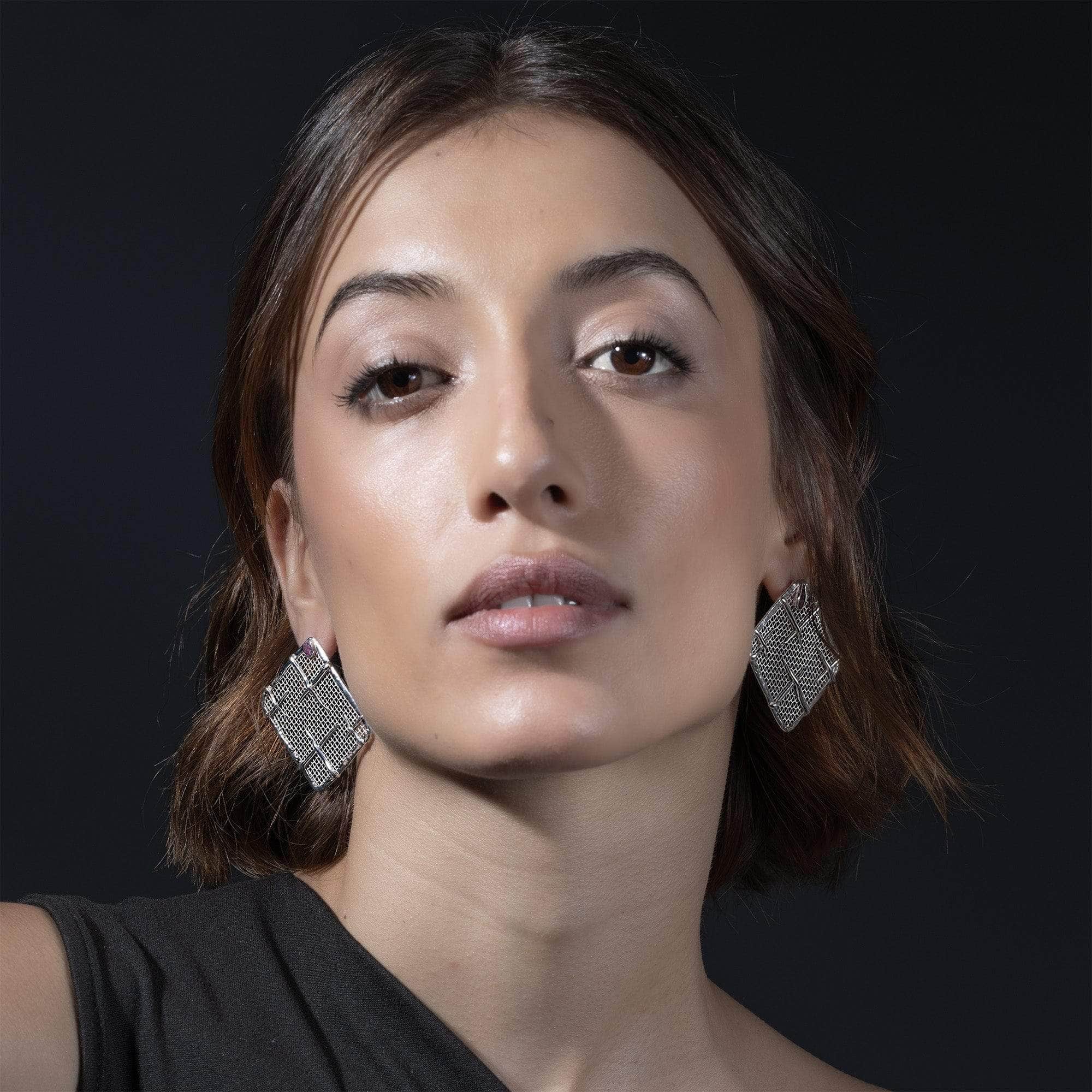 Takhi Lightweight 925 Silver & Titanium Mesh Earrings with Natural Ruby