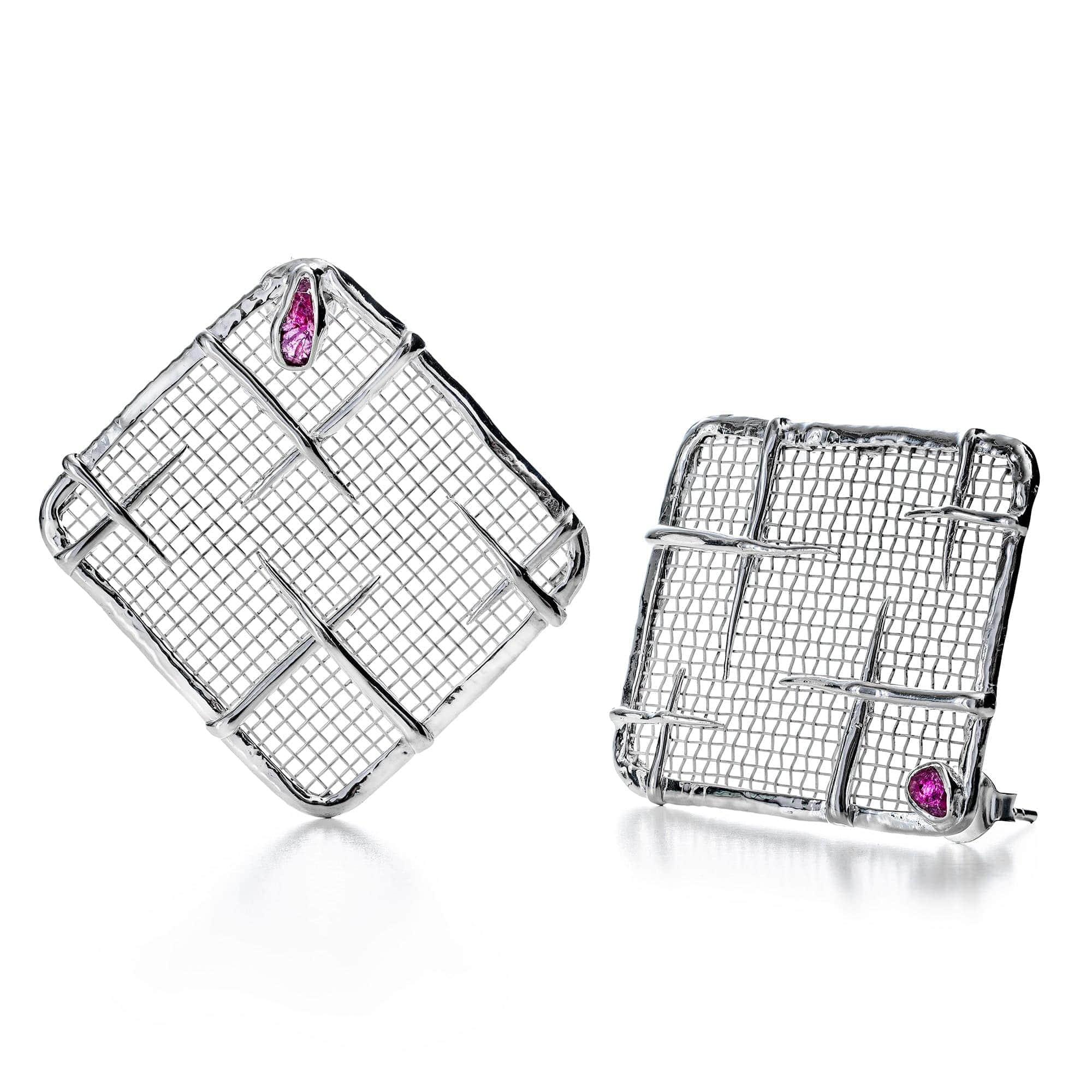 Takhi Lightweight 925 Silver & Titanium Mesh Earrings with Natural Ruby