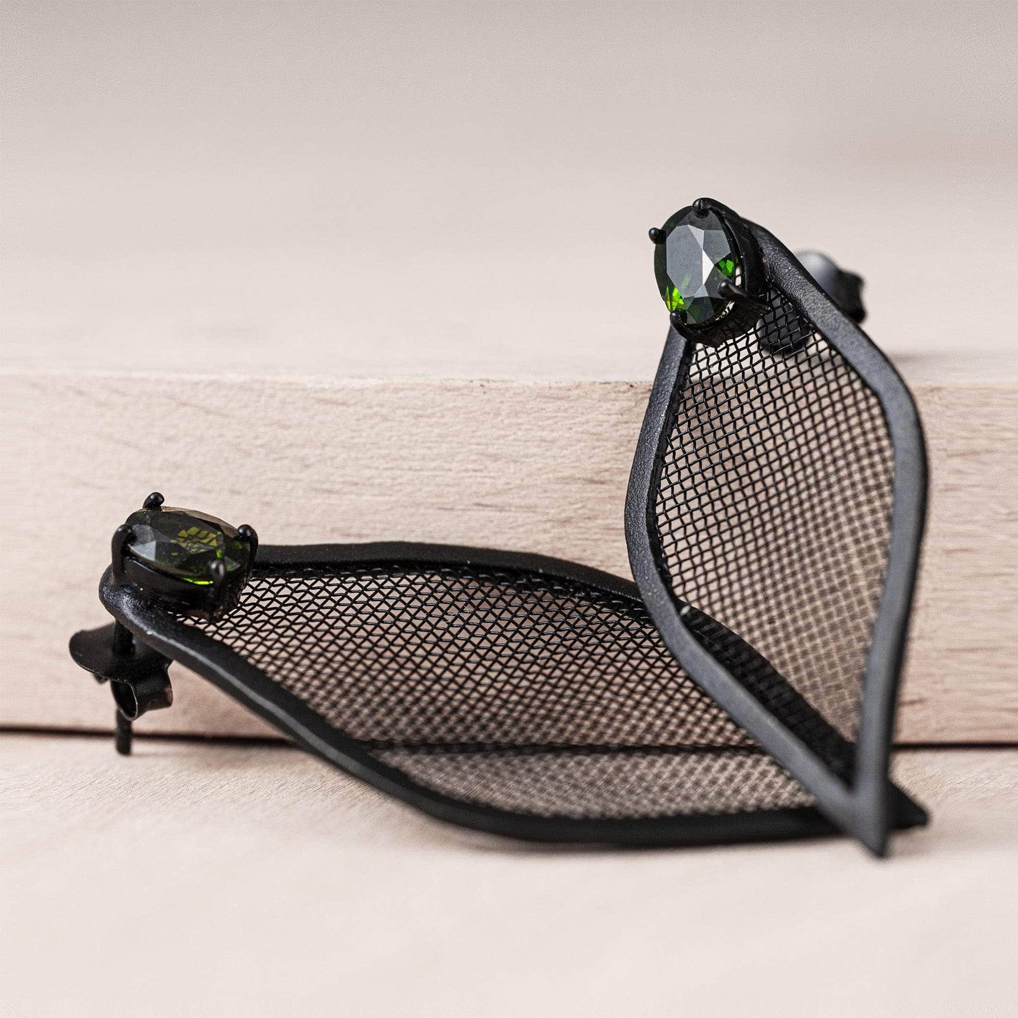 Liora Asymmetric Leaf-Shaped Silver & Titanium Mesh Earrings with Chrome Diopside