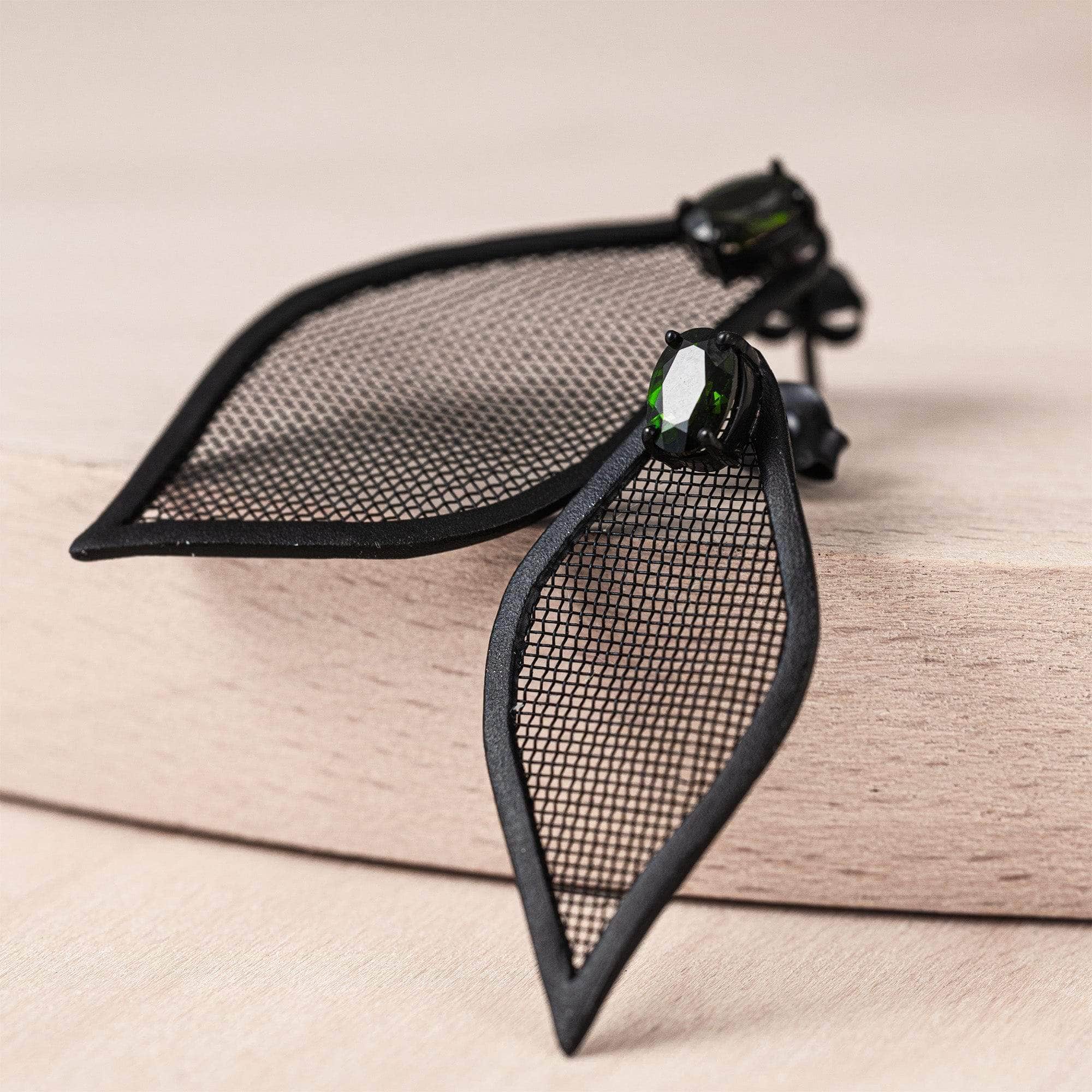 Liora Asymmetric Leaf-Shaped Silver & Titanium Mesh Earrings with Chrome Diopside