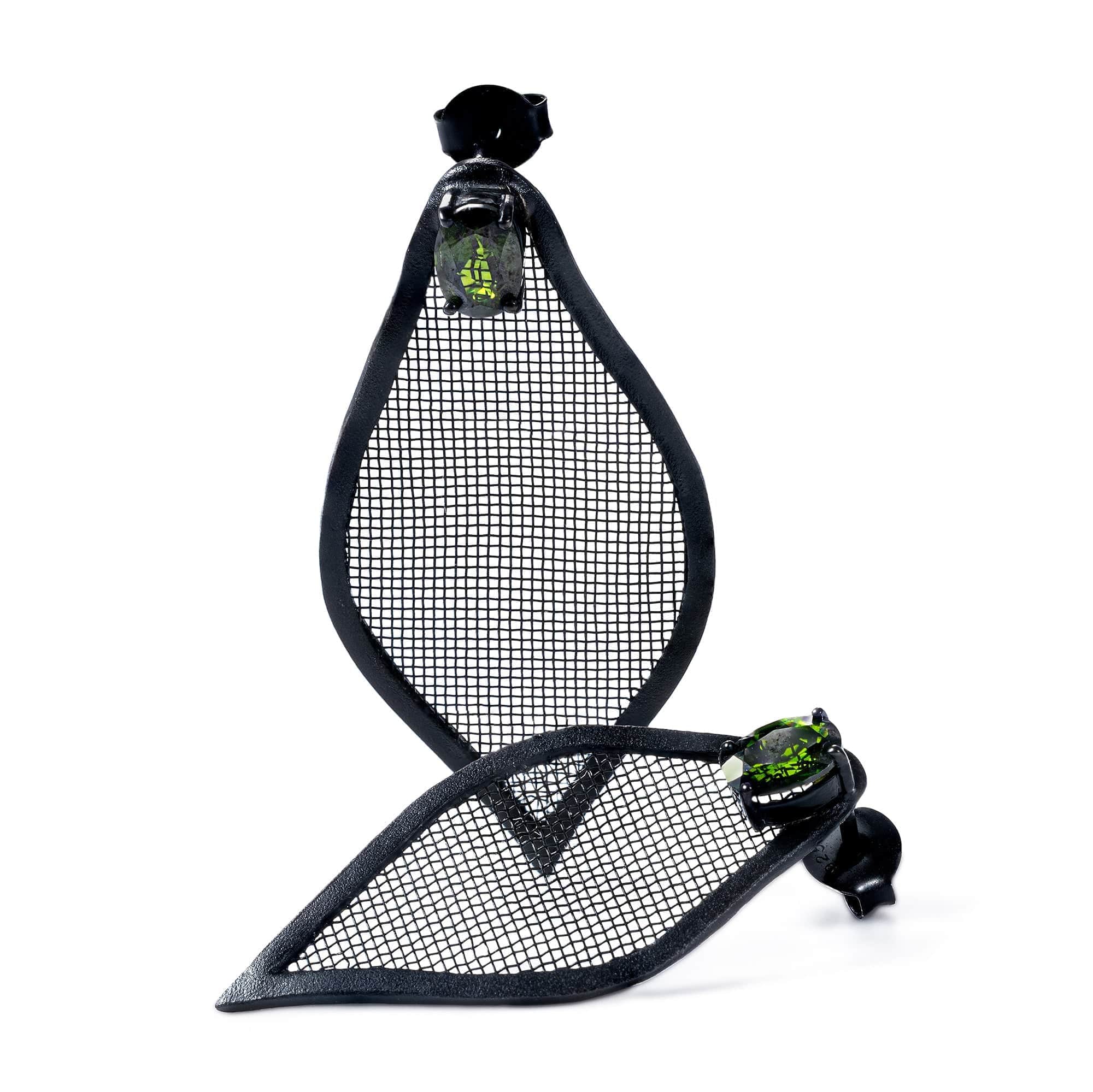 Liora Asymmetric Leaf-Shaped Silver & Titanium Mesh Earrings with Chrome Diopside