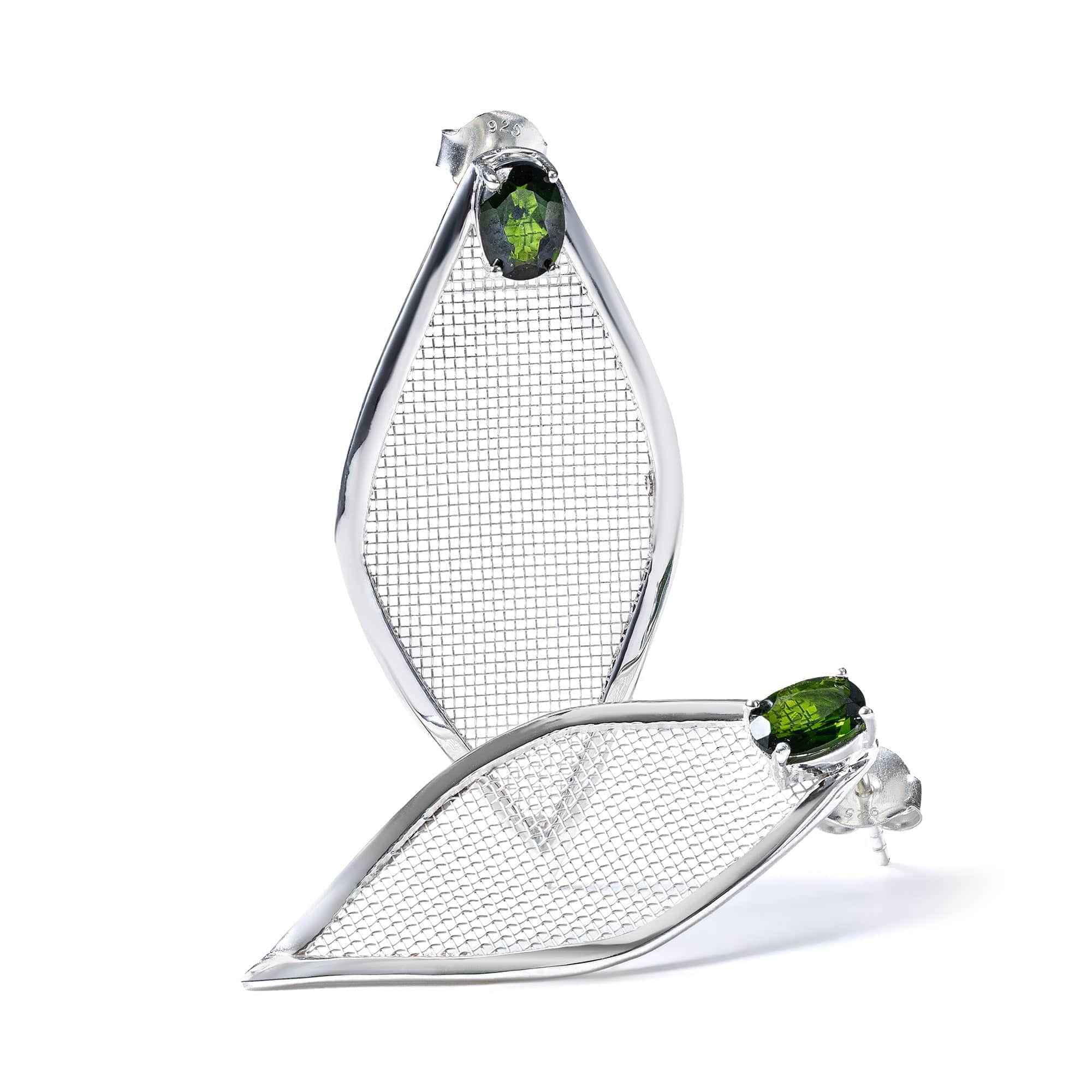 Liora Asymmetric 925 Silver and Titanium Mesh Earrings with Oval Cut Chrome Diopside