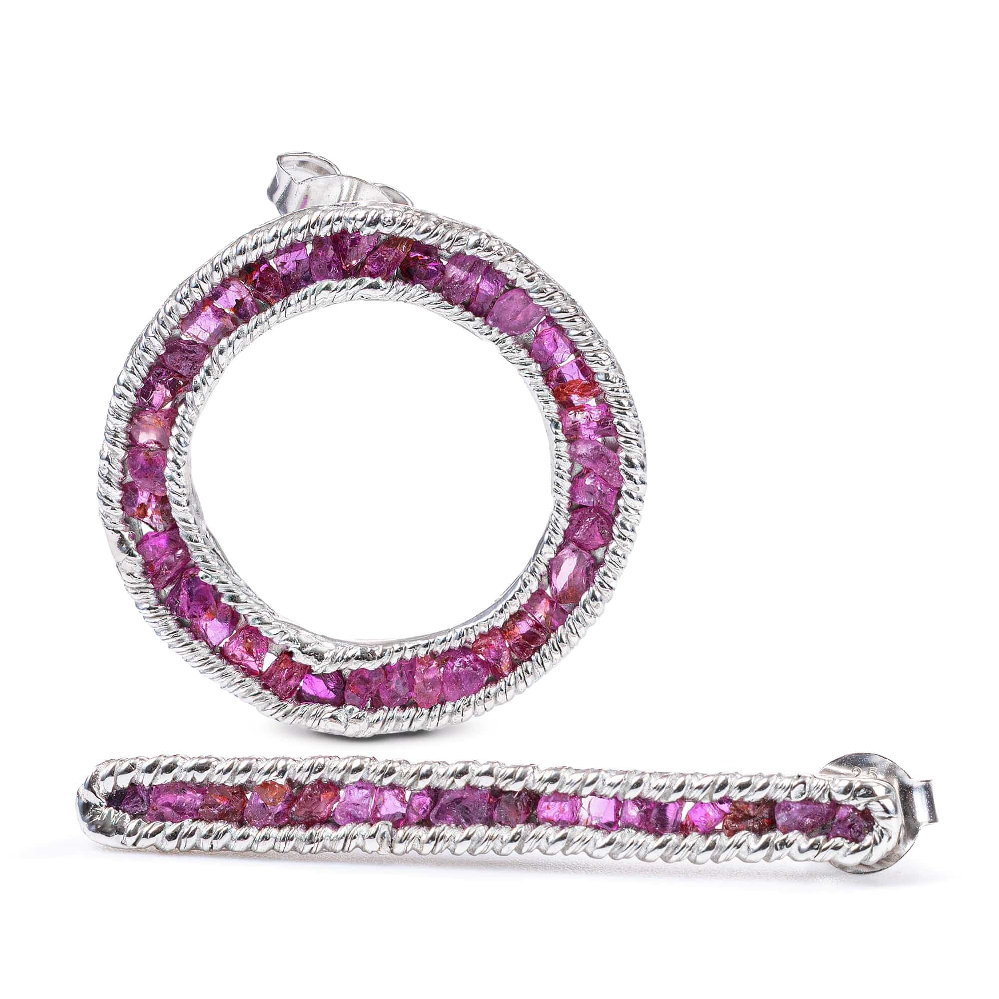 Medea Asymmetric Earrings in 925 Sterling Silver with Raw Rubies