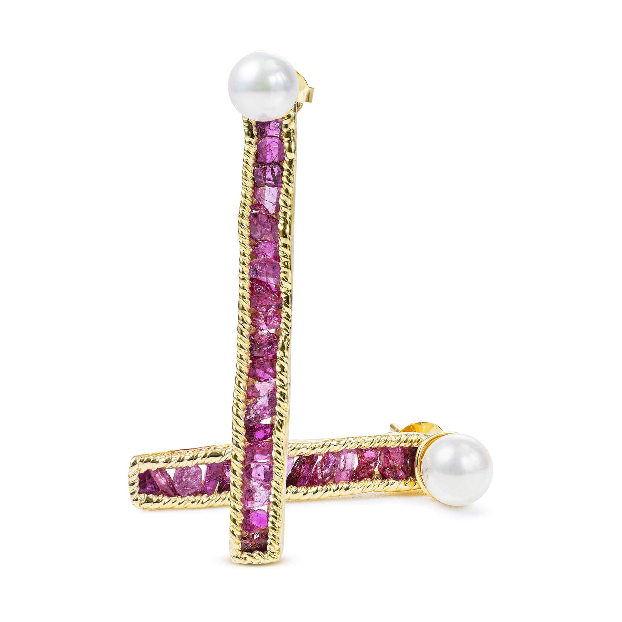 Esther Asymmetric Earrings with Raw Ruby & White Cultured Pearl