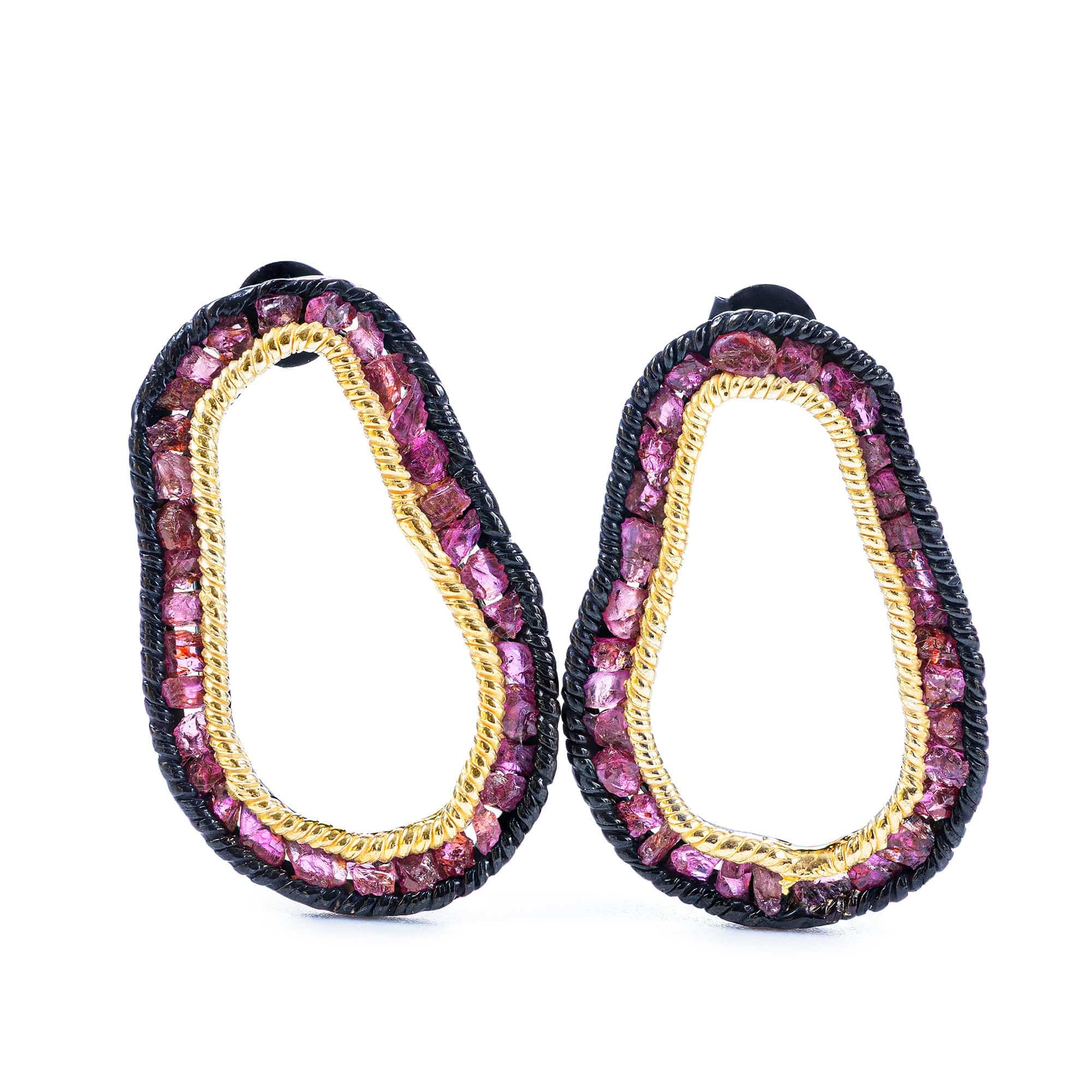 Arven Pear-Shaped Earrings in Anthracite & Gold Plated Silver with Raw Ruby