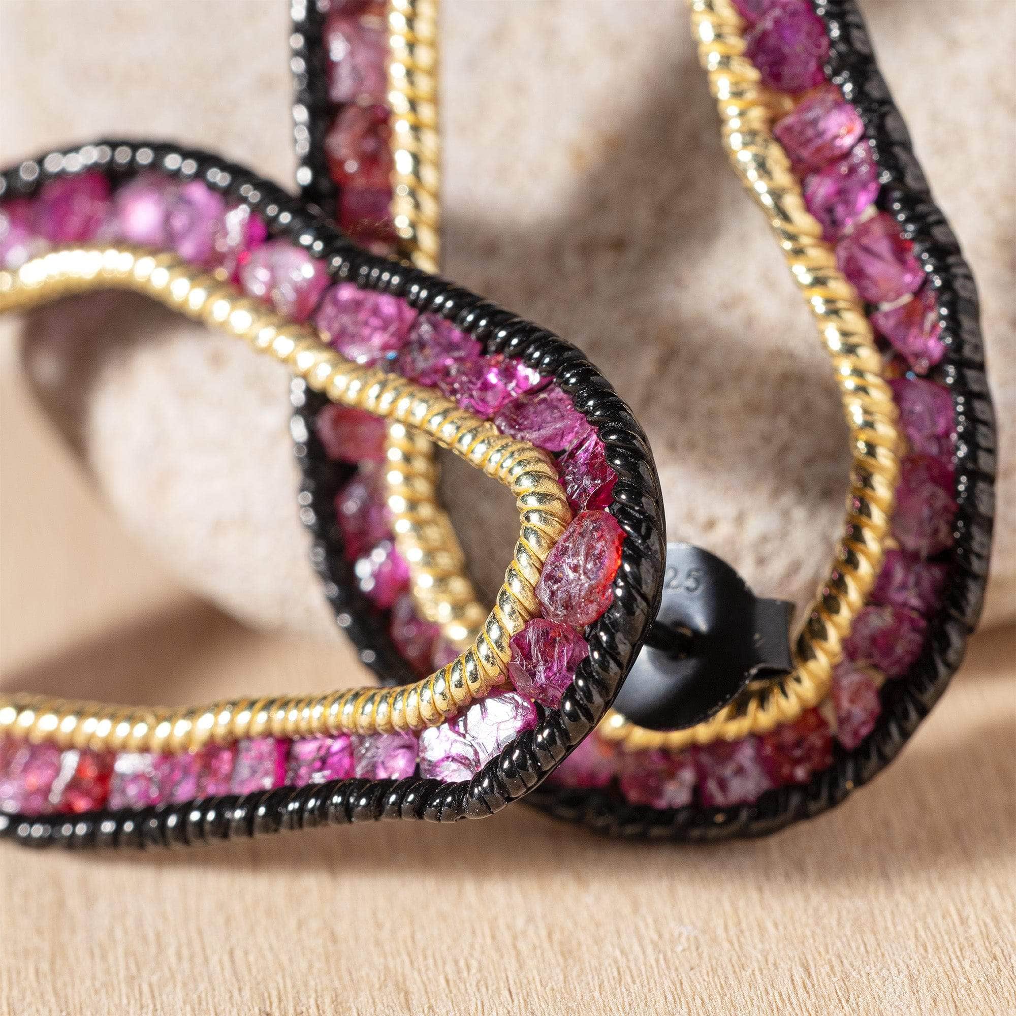 Arven Pear-Shaped Earrings in Anthracite & Gold Plated Silver with Raw Ruby