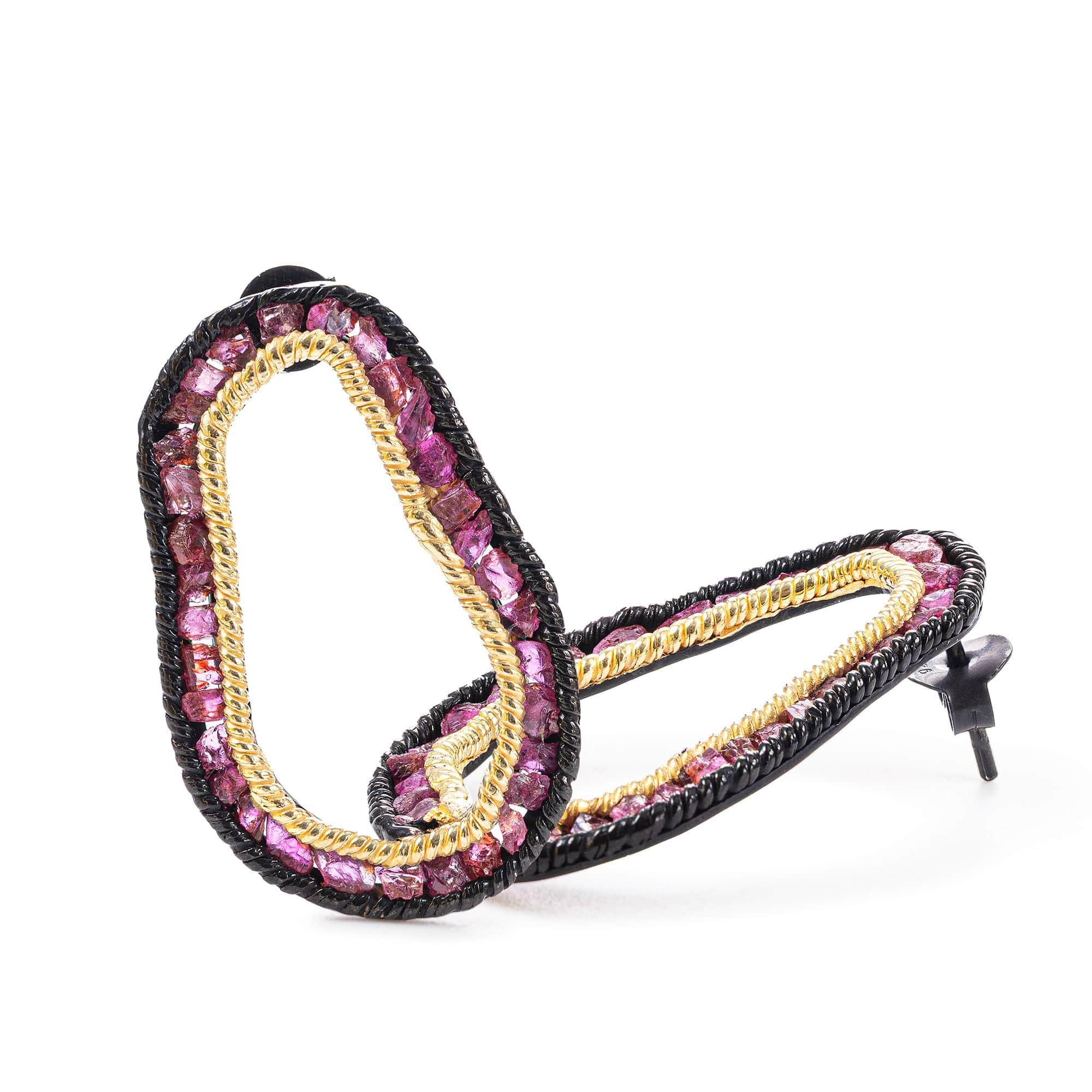 Arven Pear-Shaped Earrings in Anthracite & Gold Plated Silver with Raw Ruby