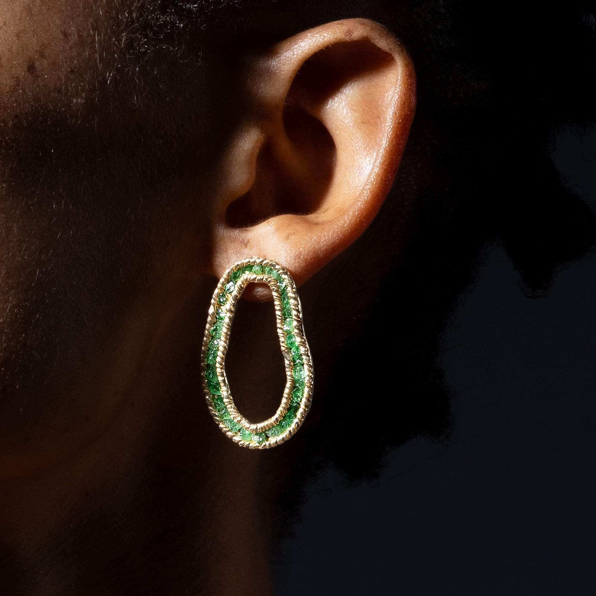 Arven Sculptured Gold Plated Silver Earrings with Raw Tsavorite Garnet