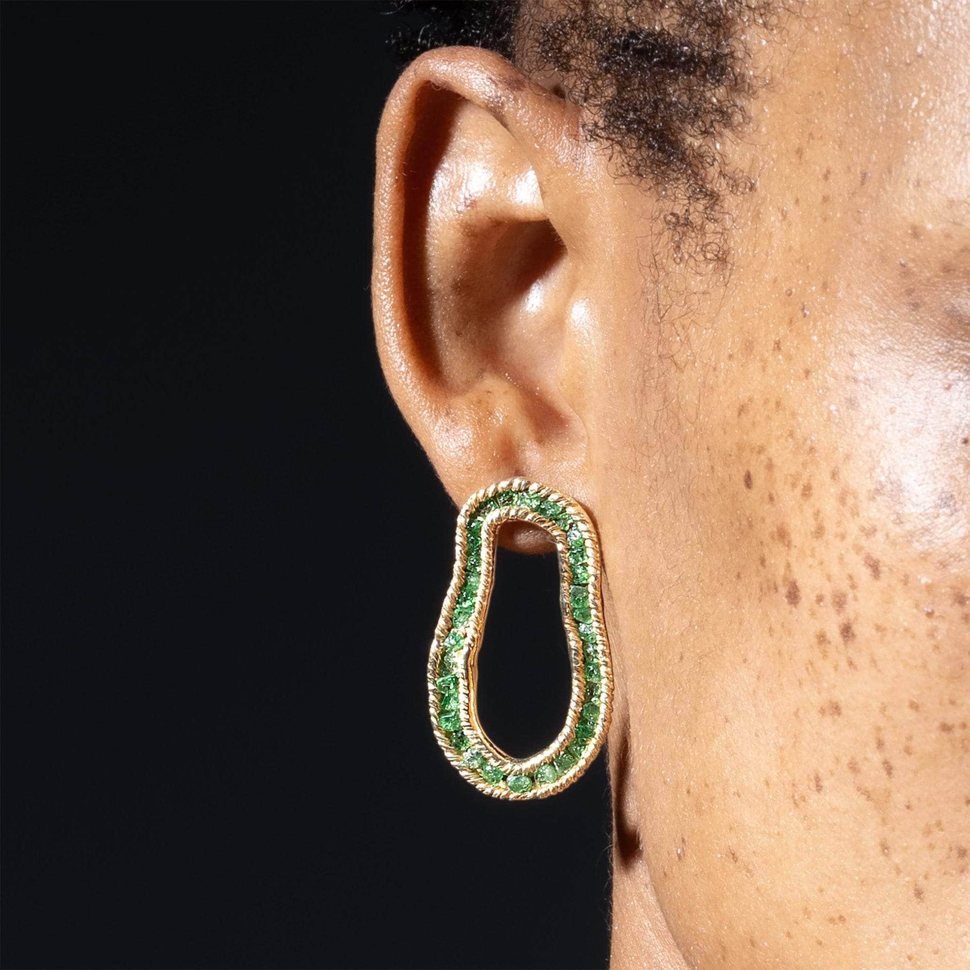 Arven Sculptured Gold Plated Silver Earrings with Raw Tsavorite Garnet