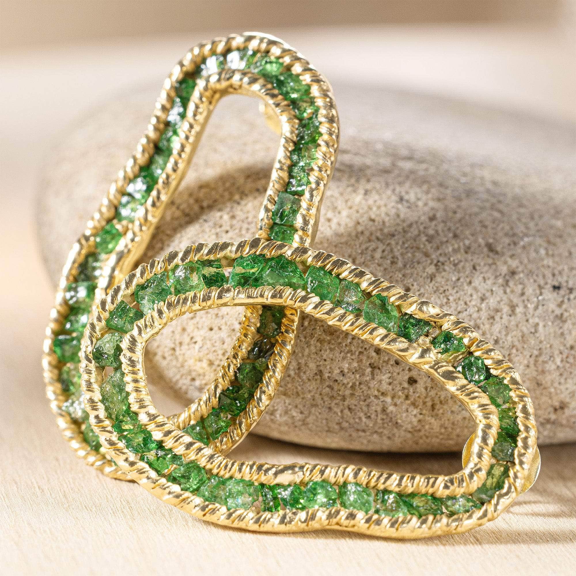 Arven Sculptured Gold Plated Silver Earrings with Raw Tsavorite Garnet