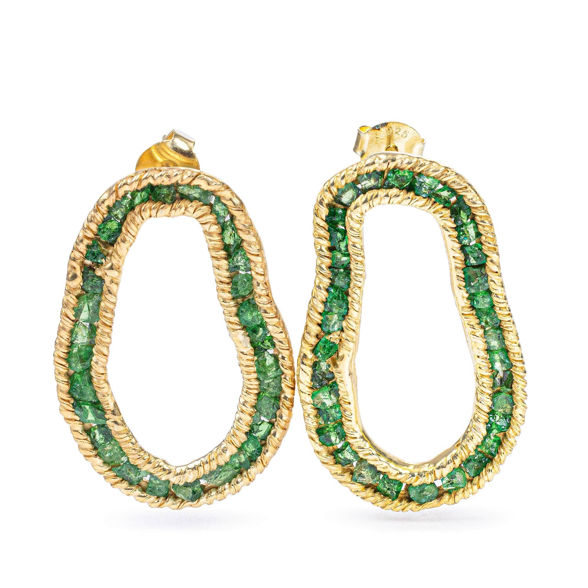 Arven Sculptured Gold Plated Silver Earrings with Raw Tsavorite Garnet