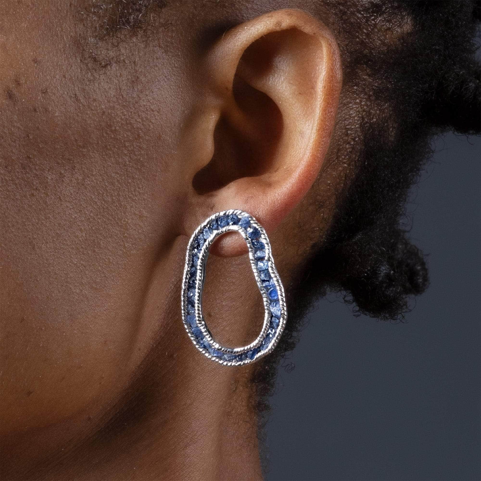 Arven Anti-Tarnish Plated Silver Designer Earrings with Raw Blue Sapphire