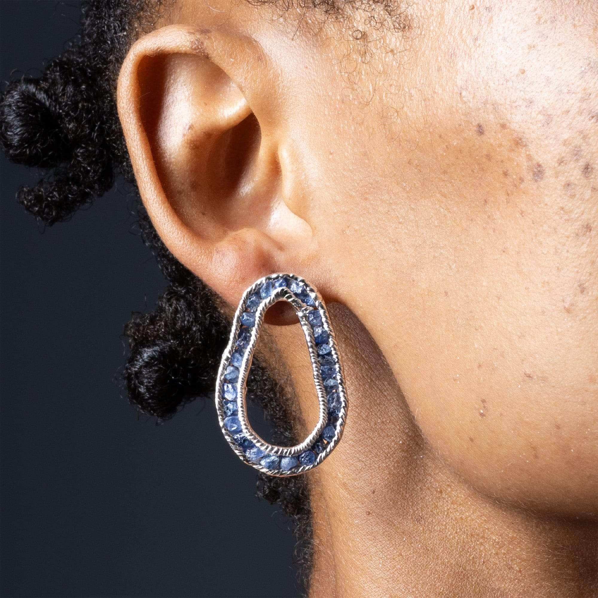 Arven Anti-Tarnish Plated Silver Designer Earrings with Raw Blue Sapphire