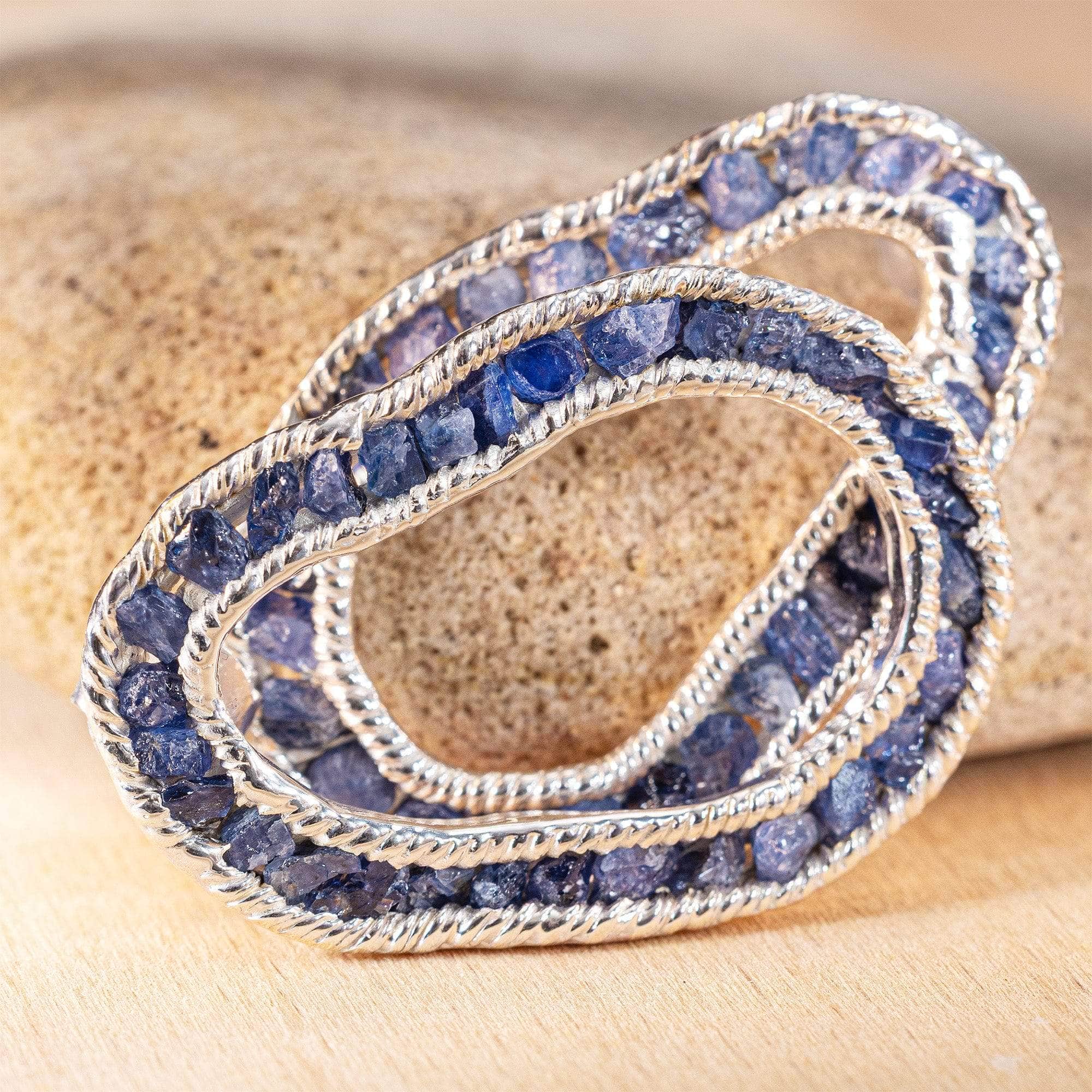 Arven Anti-Tarnish Plated Silver Designer Earrings with Raw Blue Sapphire