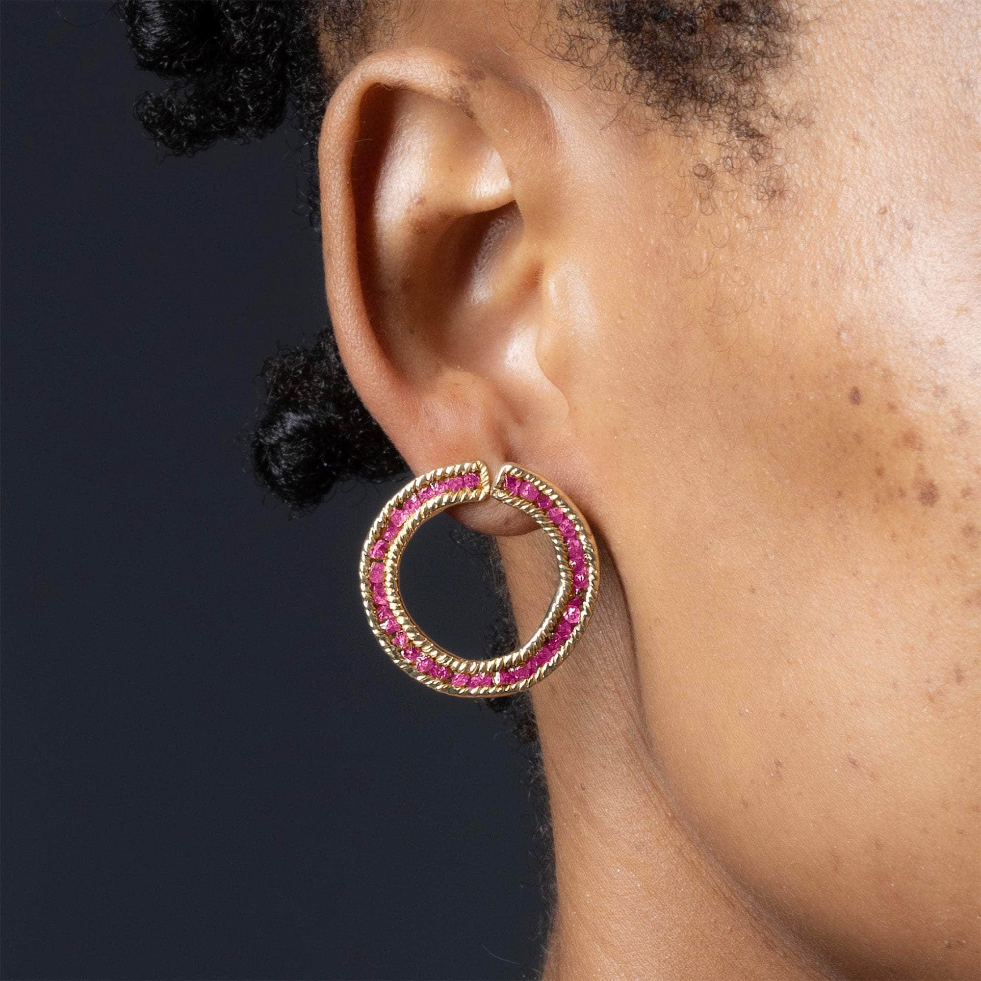 Petra Gold-Plated 925 Sterling Silver Earrings with Raw Ruby Pave Circles