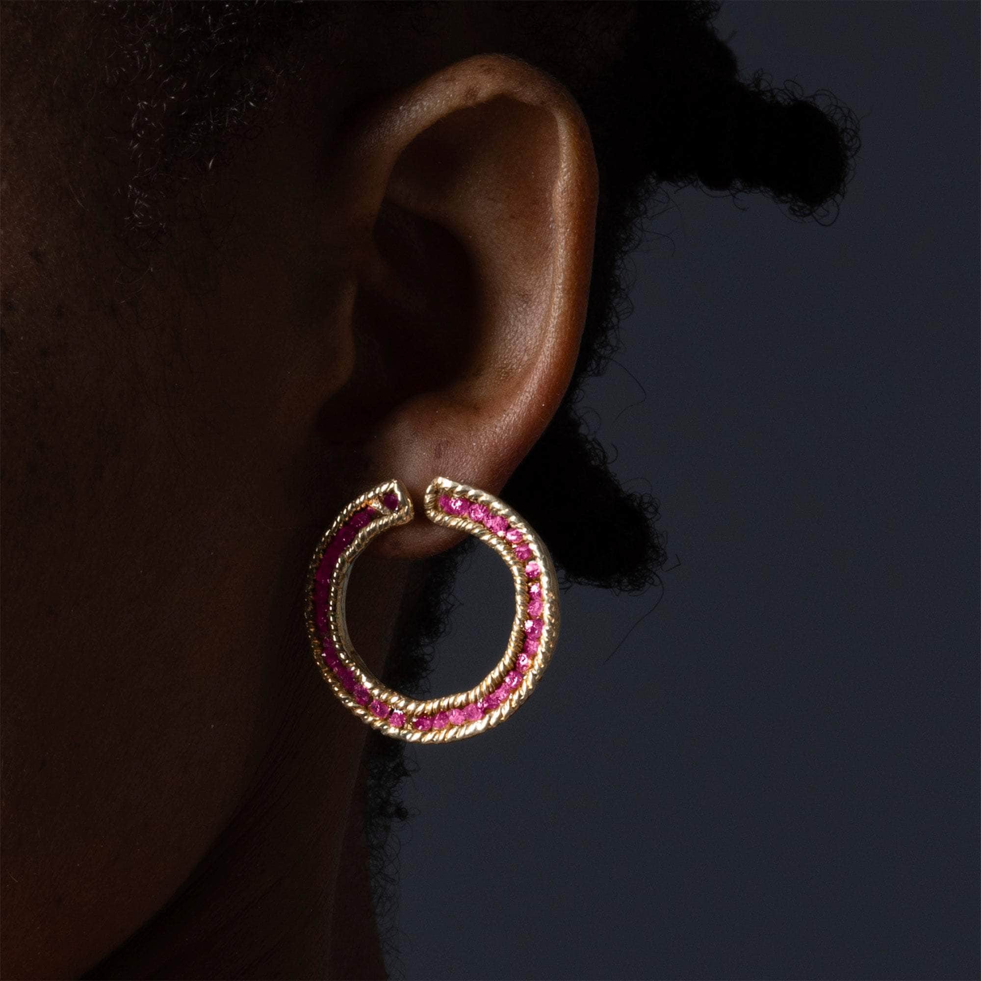 Petra Gold-Plated 925 Sterling Silver Earrings with Raw Ruby Pave Circles