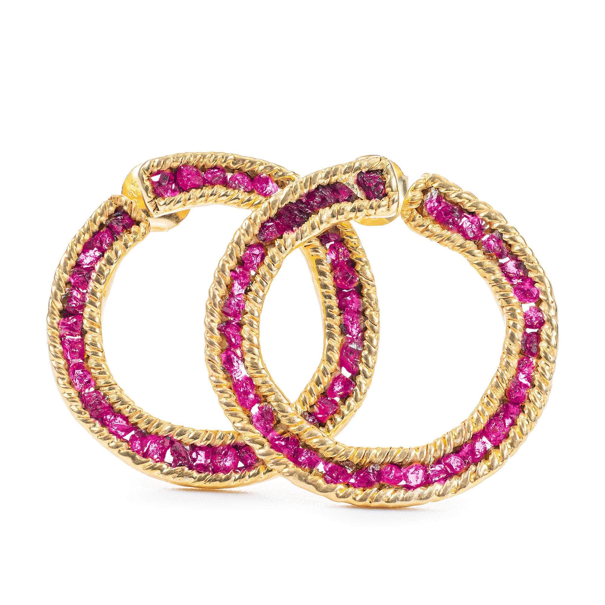 Petra Gold-Plated 925 Sterling Silver Earrings with Raw Ruby Pave Circles