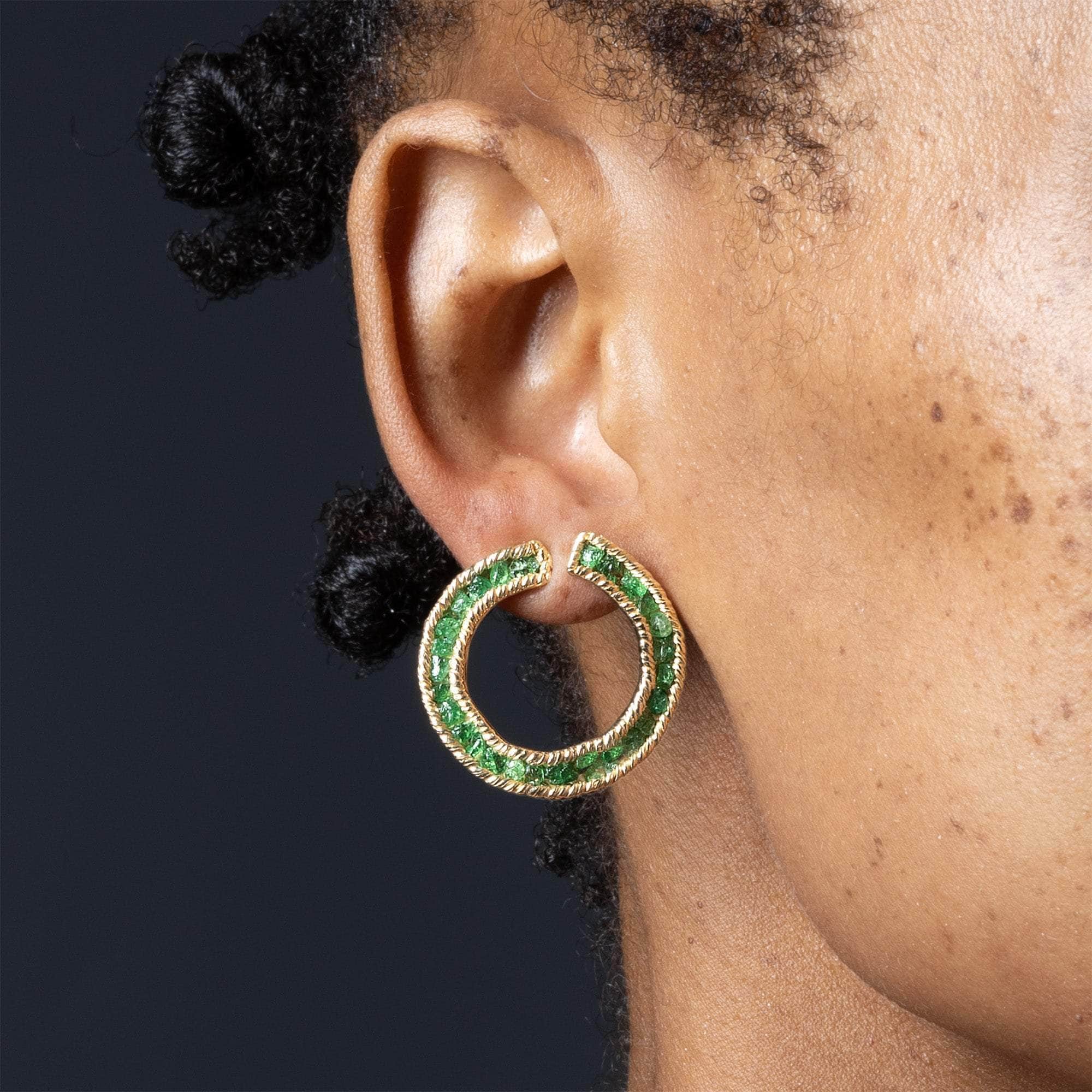 Petra Open Circle Earrings with Raw Tsavorite in Gold Plated 925 Silver