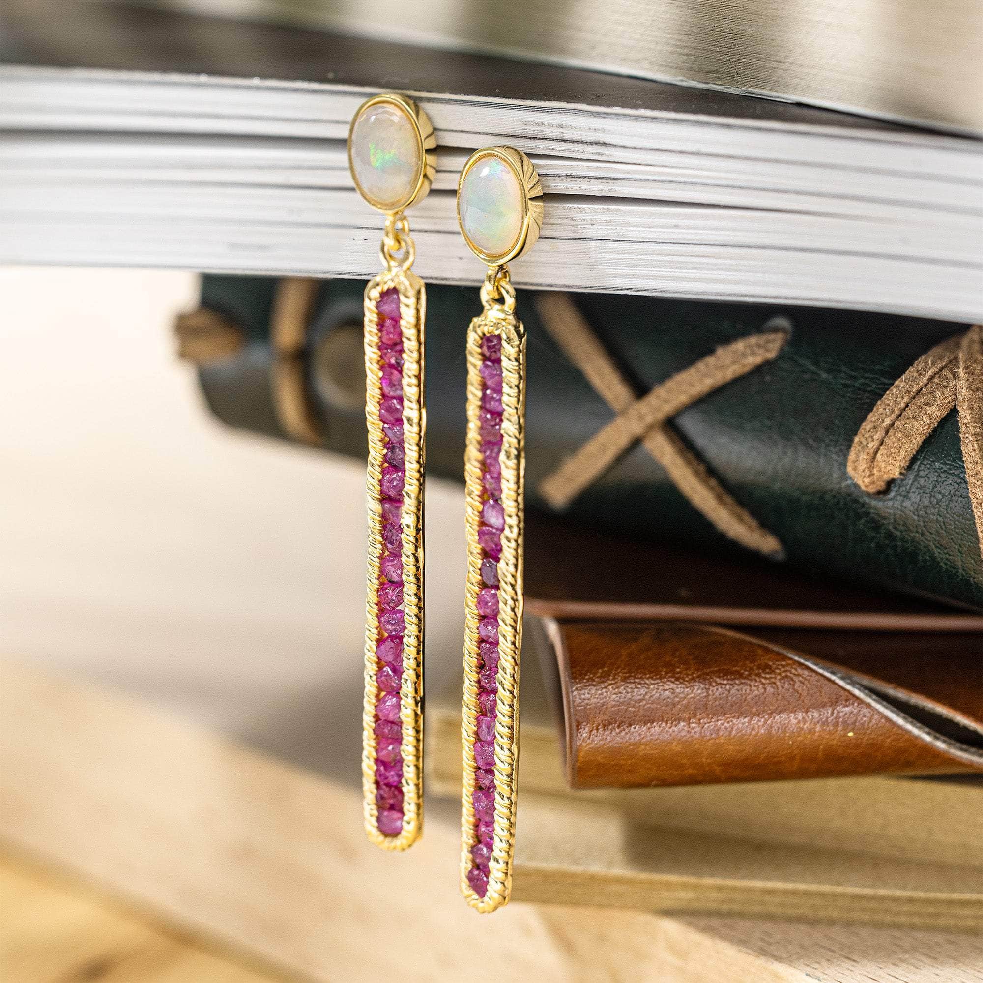 Calypso Statement Earrings with Natural Opal and Raw Ruby in Gold Plated Sterling Silver