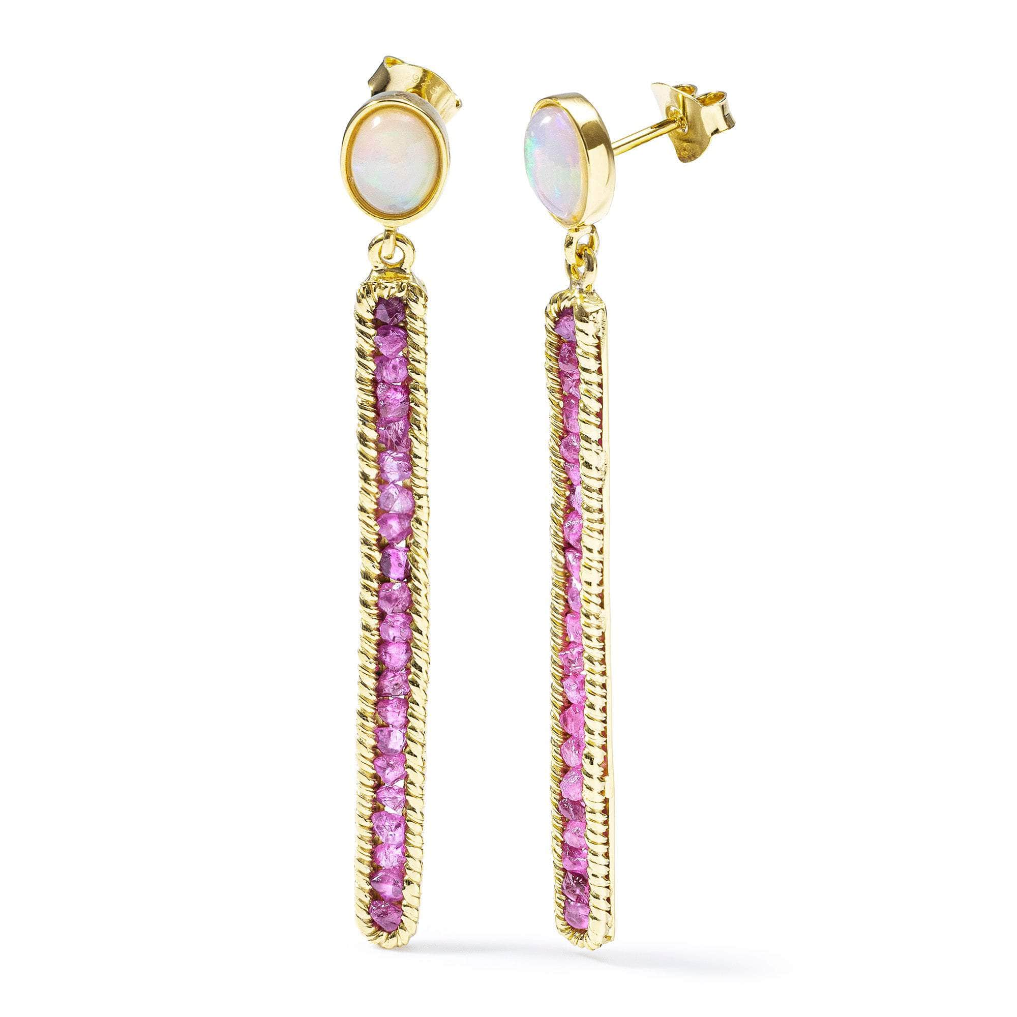 Calypso Statement Earrings with Natural Opal and Raw Ruby in Gold Plated Sterling Silver