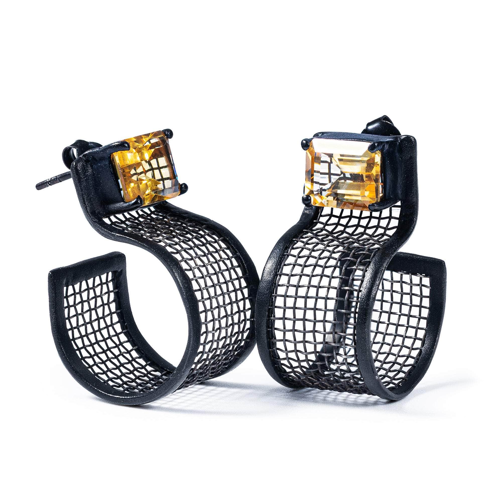 Tara Titanium Mesh and 925 Sterling Silver Earrings with Anthracite Plating and Citrines