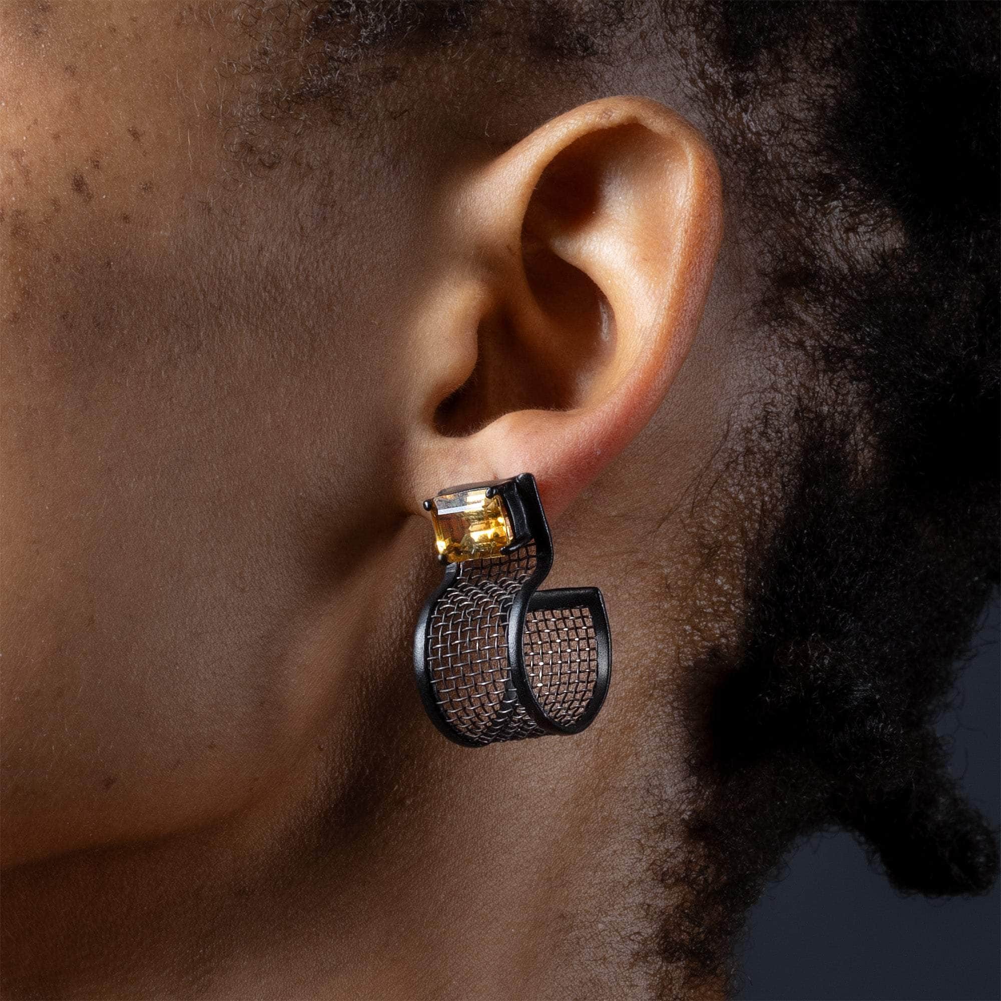 Tara Titanium Mesh and 925 Sterling Silver Earrings with Anthracite Plating and Citrines