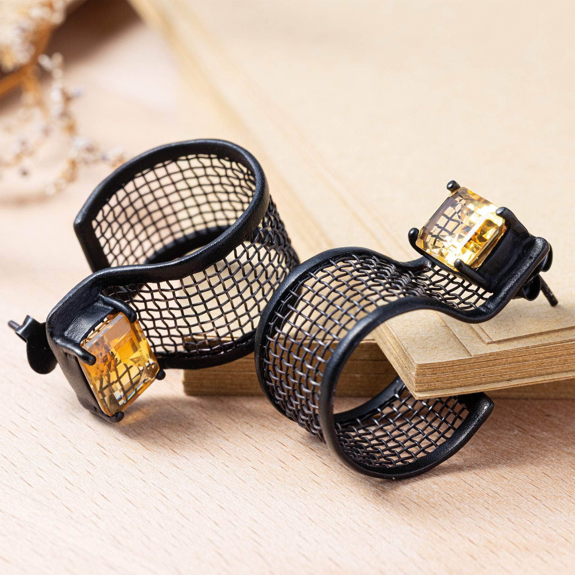 Tara Titanium Mesh and 925 Sterling Silver Earrings with Anthracite Plating and Citrines