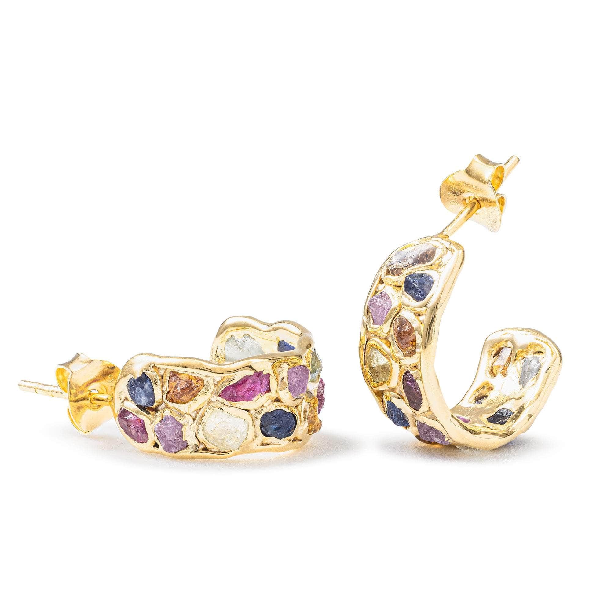 Thunder Handmade Silver Earrings with Natural Raw Sapphire, Ruby, Tsavorite & Chrysoberyl