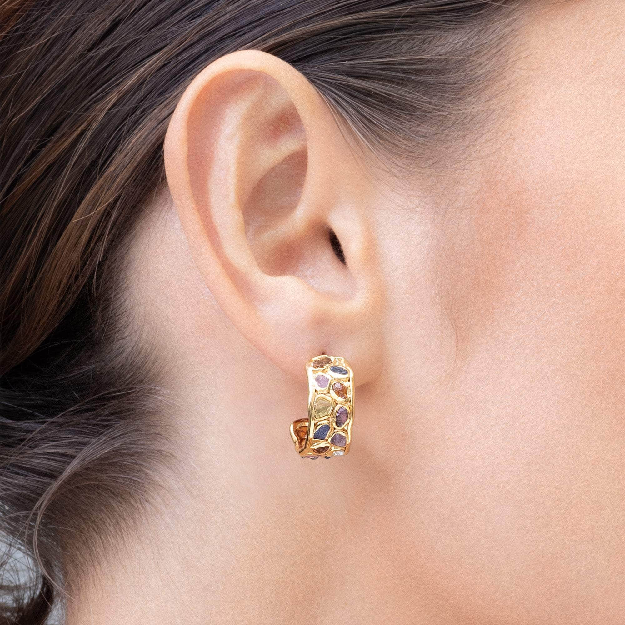 Thunder Handmade Silver Earrings with Natural Raw Sapphire, Ruby, Tsavorite & Chrysoberyl