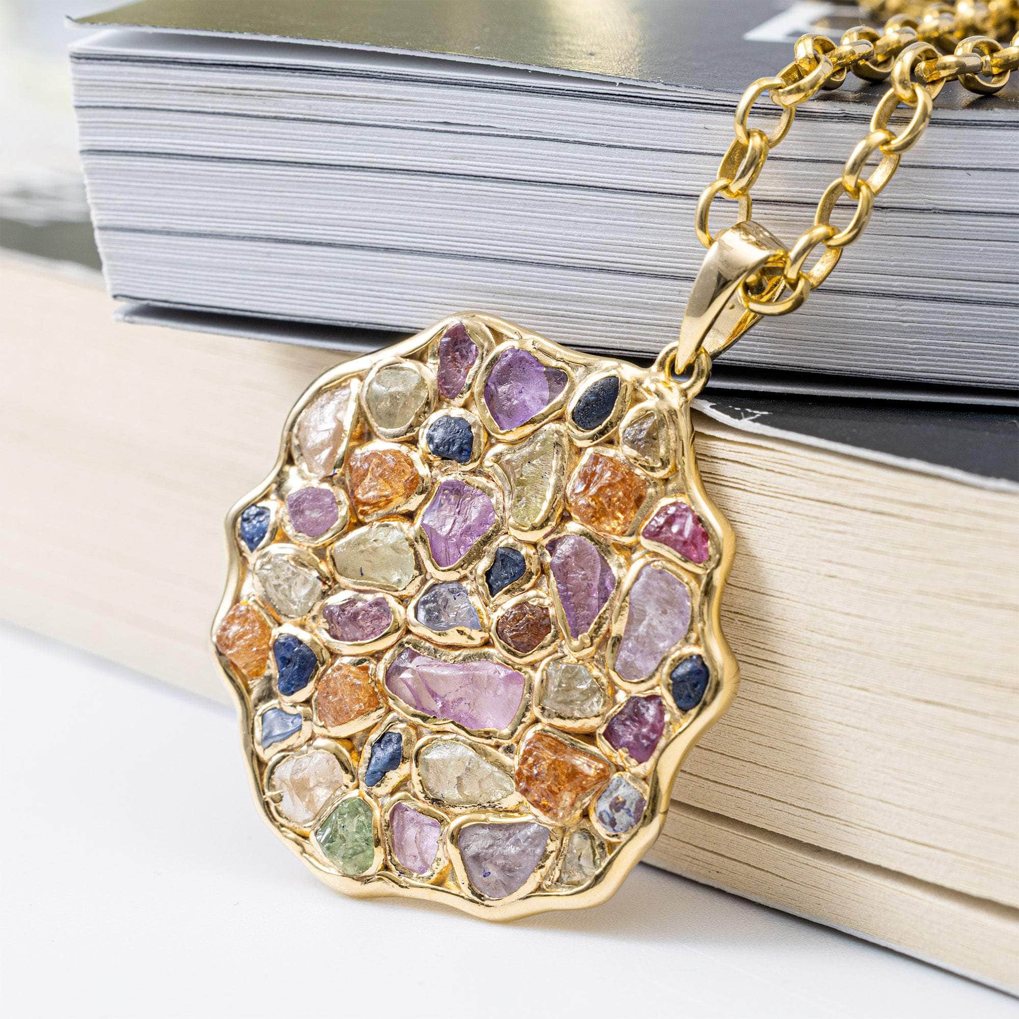Thunder Handmade Disc Pendant in Silver with Raw Sapphire, Ruby, Tsavorite & Chrysoberyl