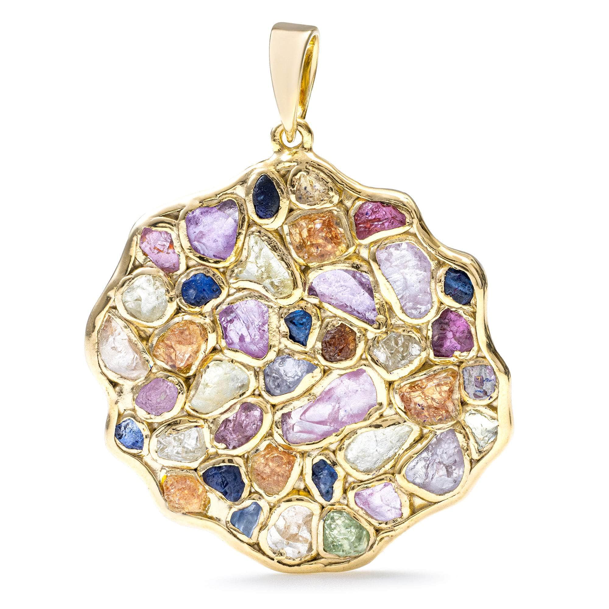 Thunder Handmade Disc Pendant in Silver with Raw Sapphire, Ruby, Tsavorite & Chrysoberyl