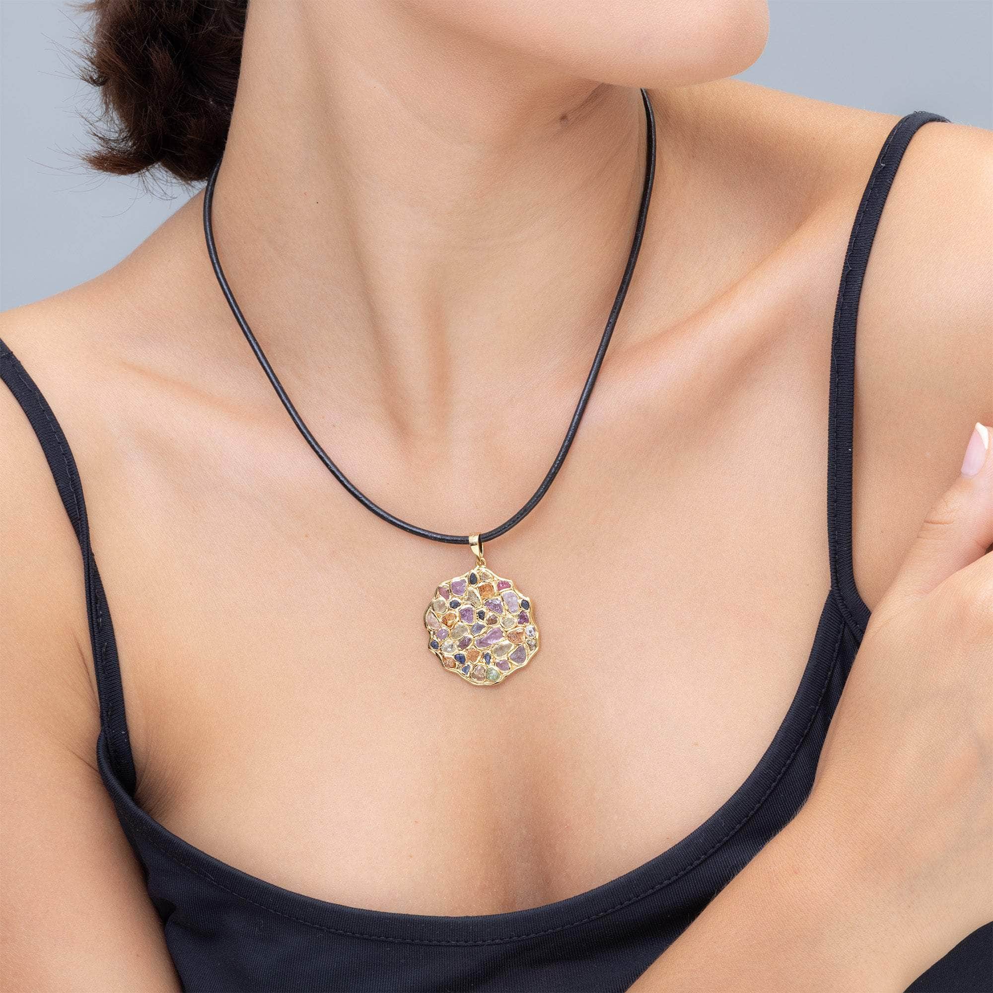 Thunder Handmade Disc Pendant in Silver with Raw Sapphire, Ruby, Tsavorite & Chrysoberyl