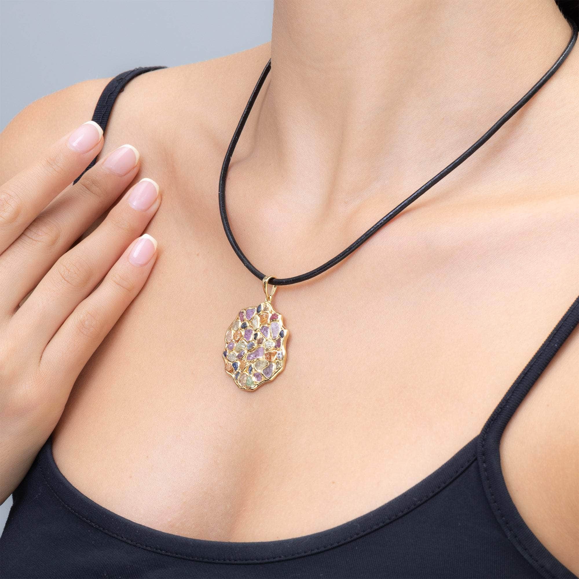 Thunder Handmade Disc Pendant in Silver with Raw Sapphire, Ruby, Tsavorite & Chrysoberyl