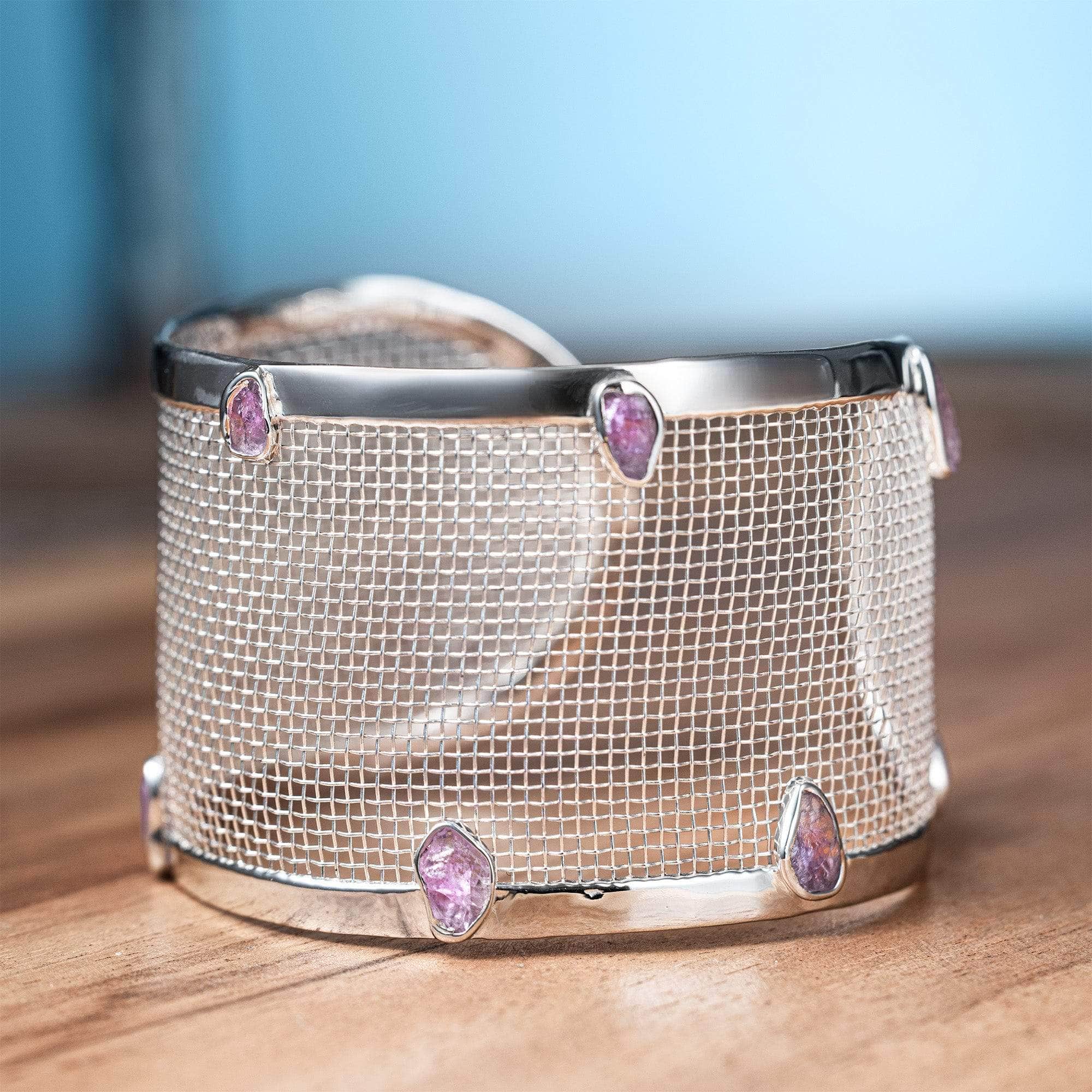 Lumen 925 Silver and Titanium Mesh Bracelet with Raw Pink Sapphires