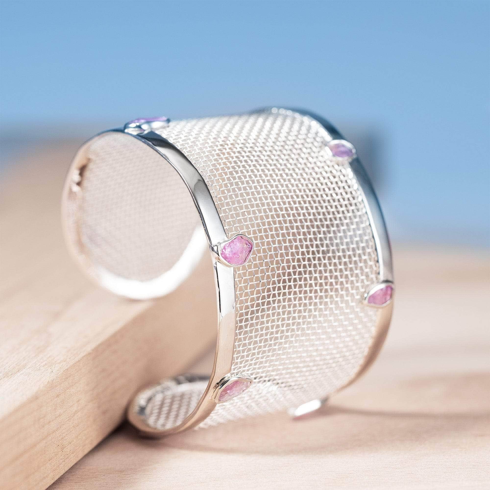 Lumen 925 Silver and Titanium Mesh Bracelet with Raw Pink Sapphires