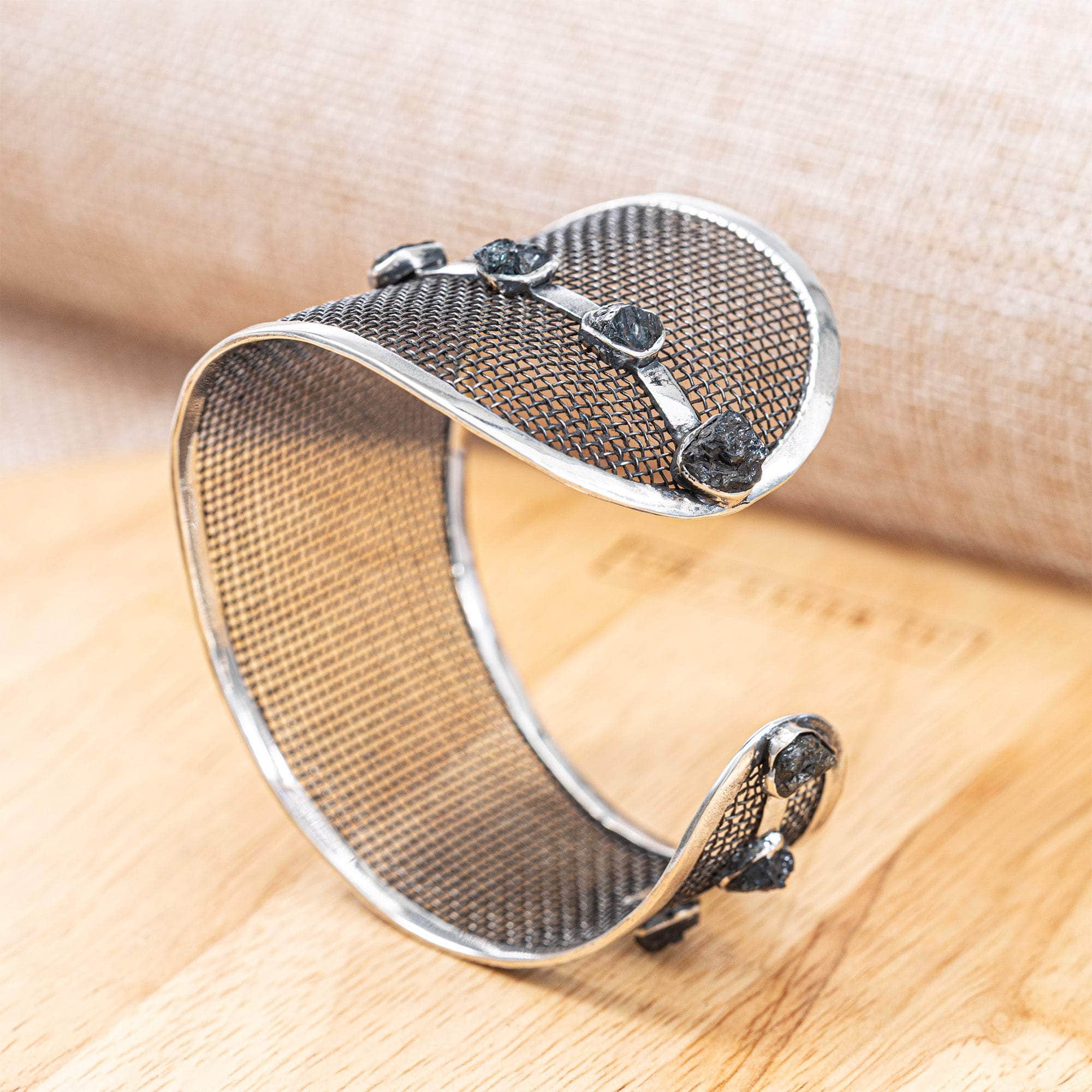 Espalier Oxidized 925 Silver & Titanium Mesh Bracelet with Raw Sapphire