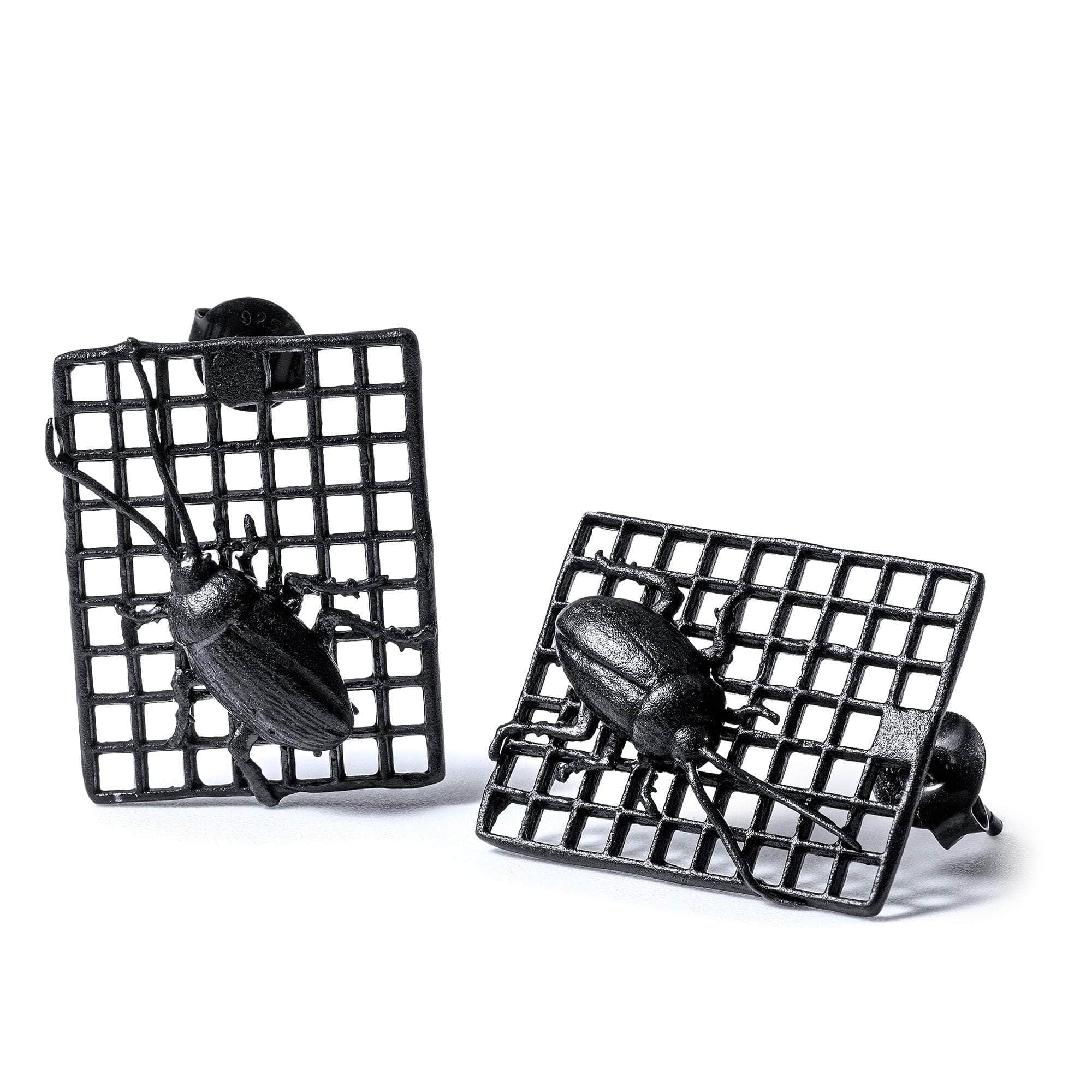Goki 925 Sterling Silver Earrings with Black Anthracite Plating and Tiny Cockroaches