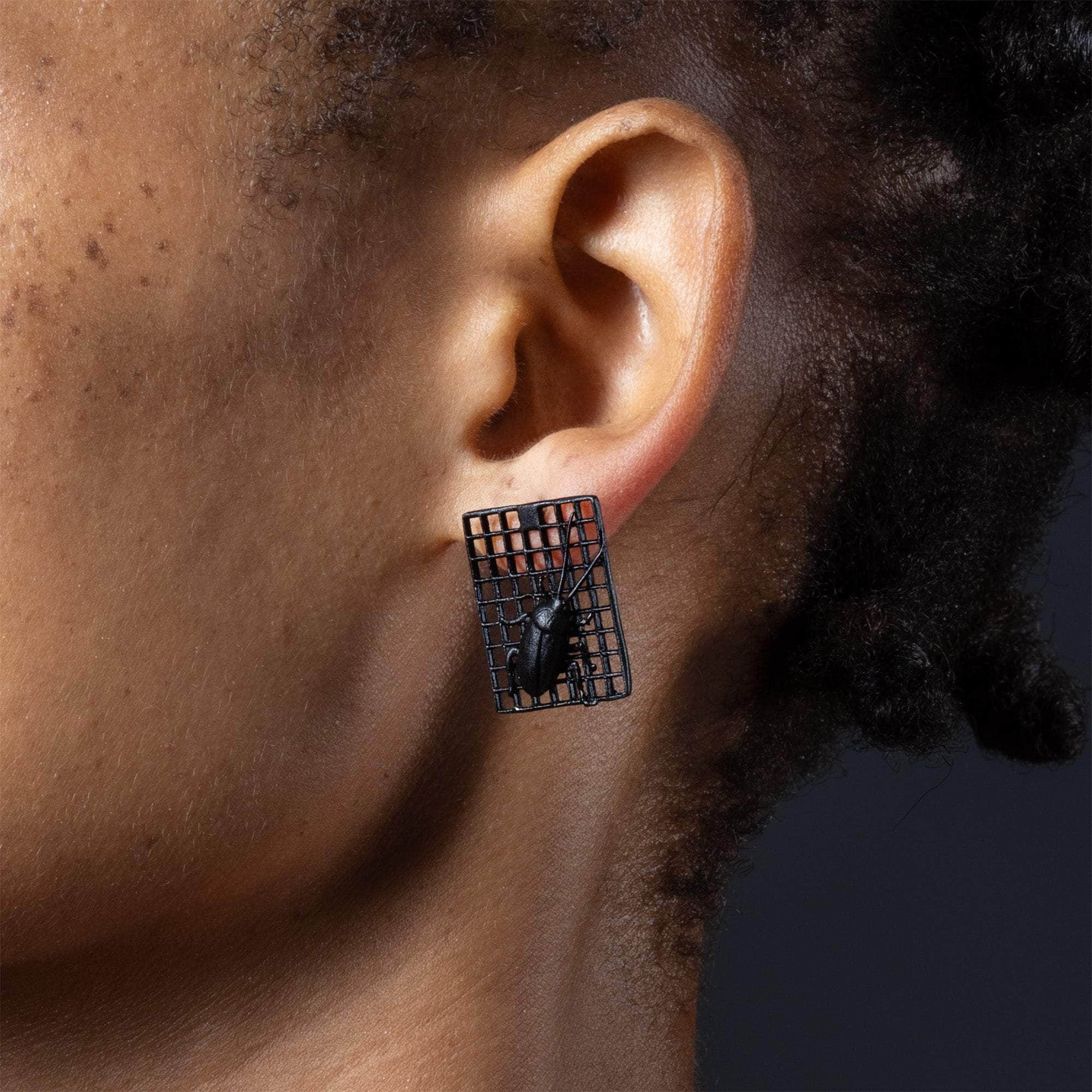 Goki 925 Sterling Silver Earrings with Black Anthracite Plating and Tiny Cockroaches